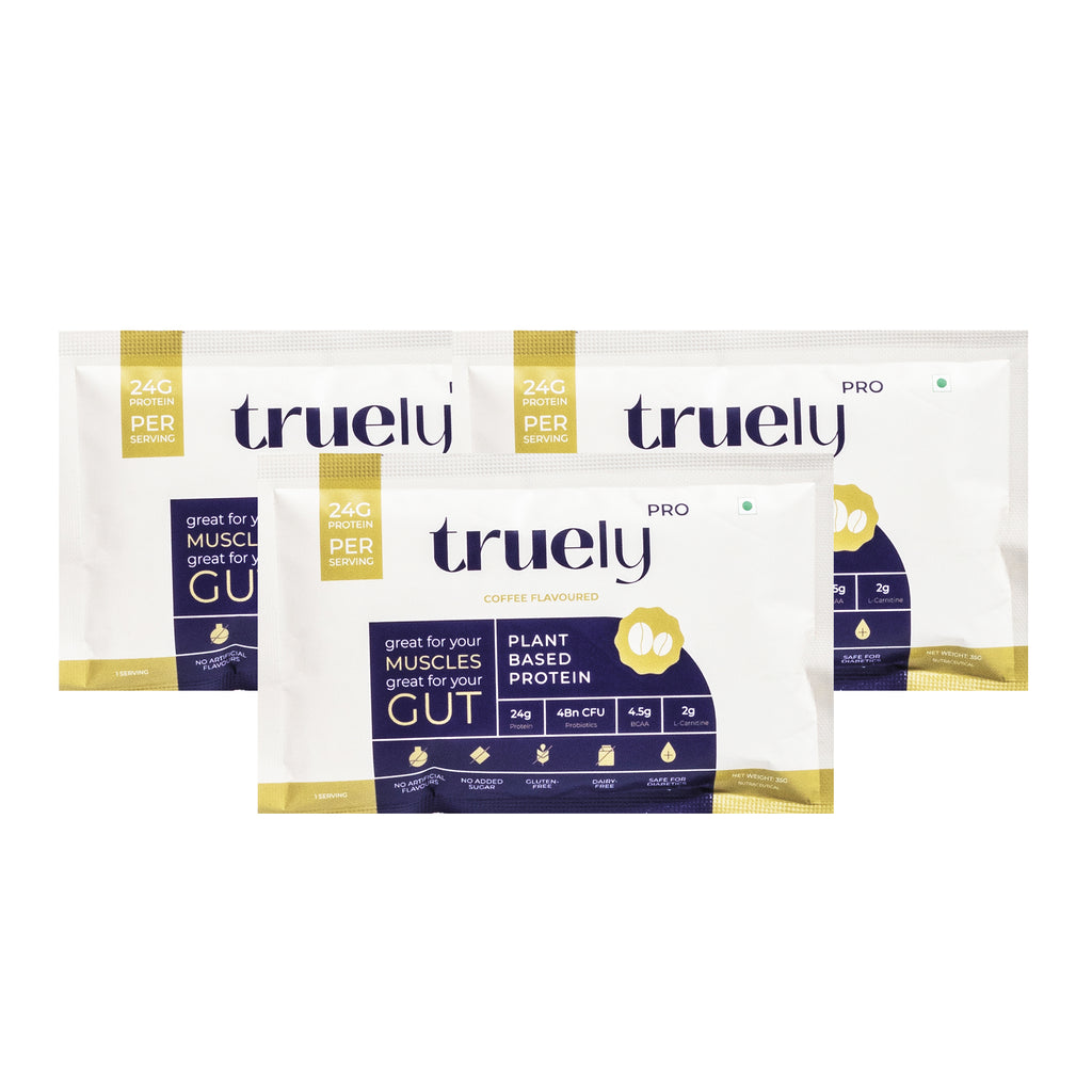 Truely Pro - Vegan Plant Protein | 24g Protein/Serving | 4 Bn CFU Probiotics | 3 Protein Sources - Pea, Brown Rice & Moong Bean | No Artificial Flavours | THIRD-PARTY TESTED | Coffee | 3 Servings