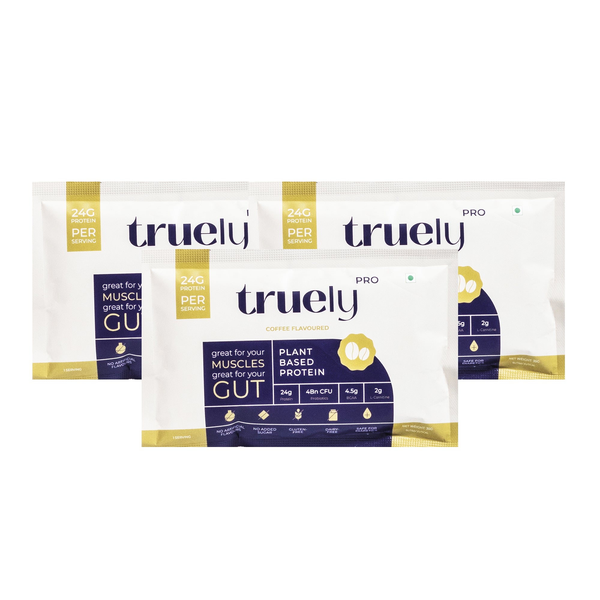 Truely Pro - Vegan Plant Protein | 24g Protein/Serving | 4 Bn CFU Probiotics | 3 Protein Sources - Pea, Brown Rice & Moong Bean | No Artificial Flavours | THIRD-PARTY TESTED | Coffee | 3 Servings