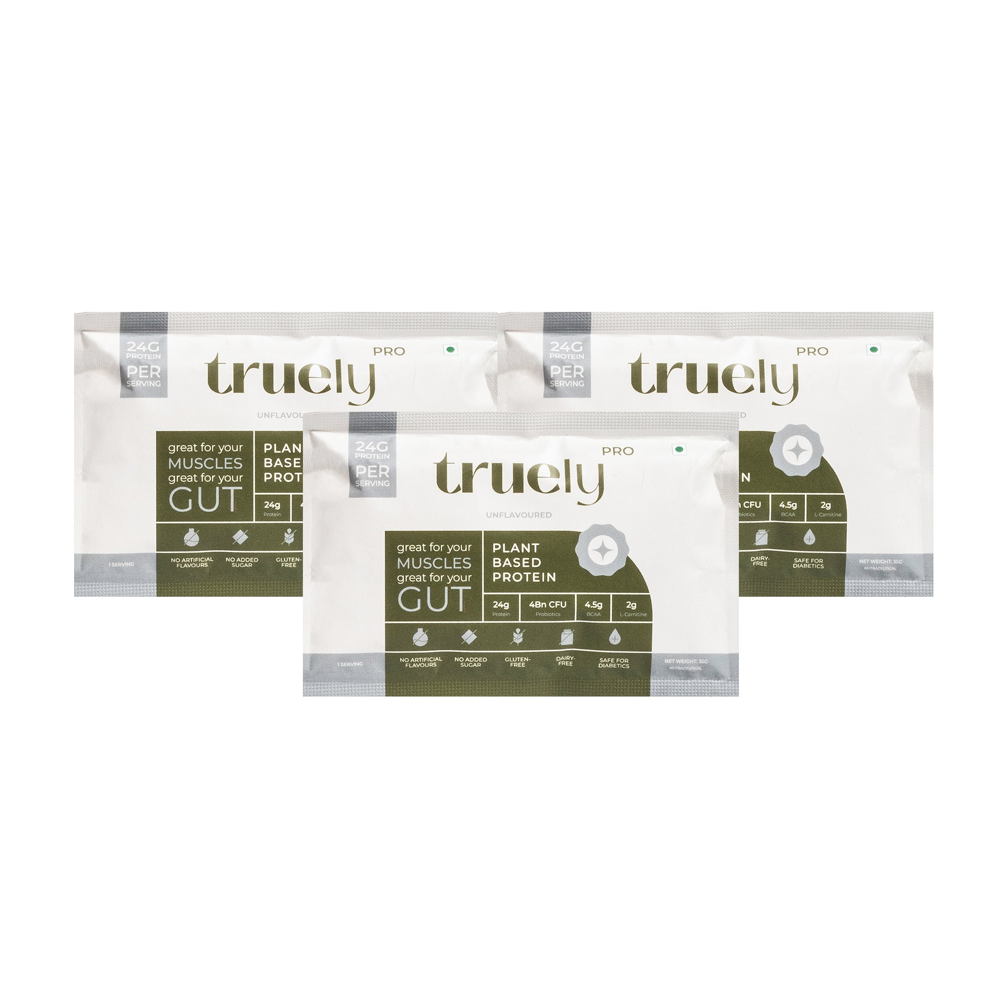 Truely Pro - Vegan Plant Protein | 24g Protein/Serving | 4 Bn CFU Probiotics | 3 Protein Sources - Pea, Brown Rice & Moong Bean | No Artificial Flavours | THIRD-PARTY TESTED | Unflavoured | 3 Serv.