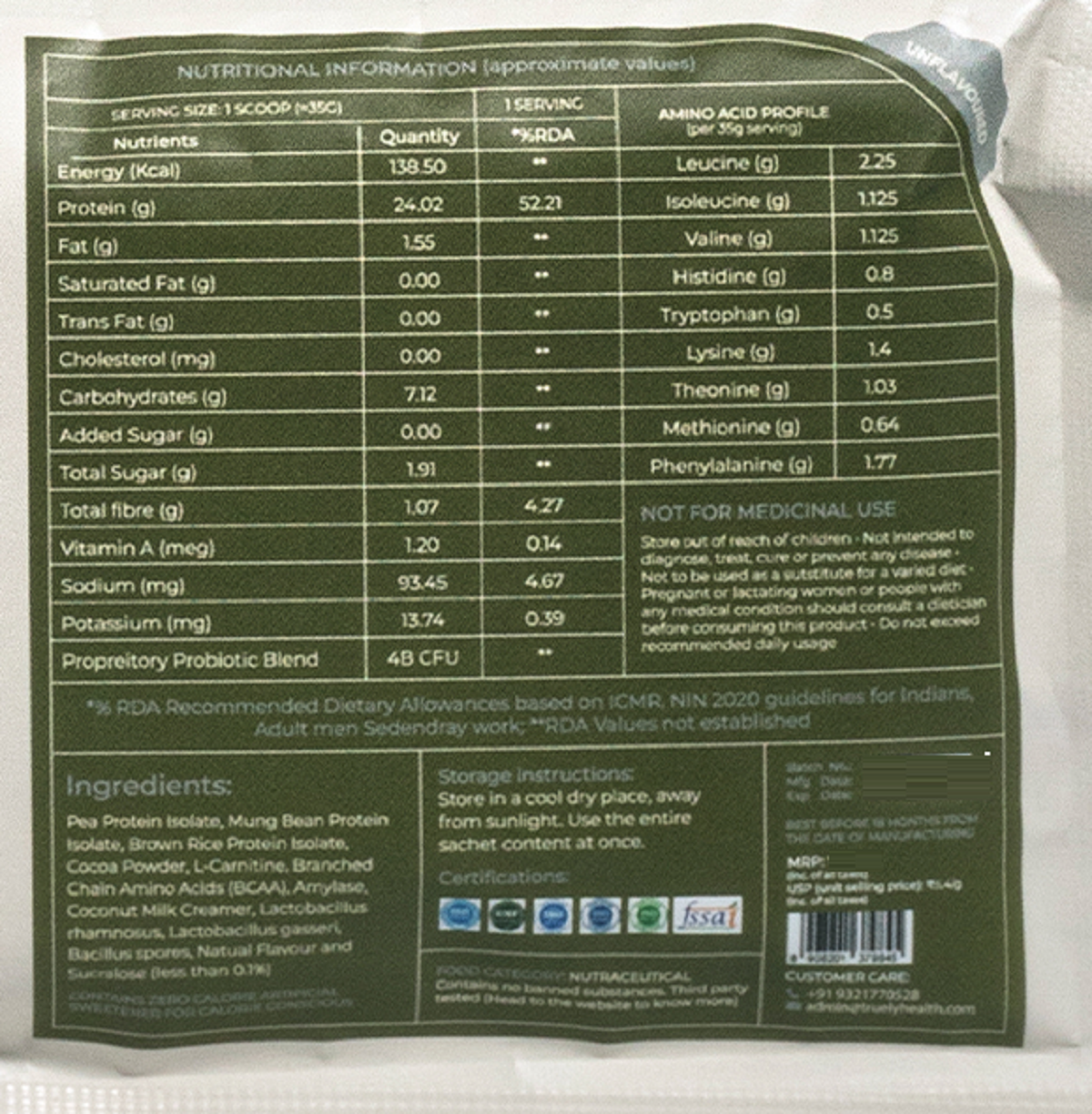 Truely Pro - Vegan Plant Protein | 24g Protein/Serving | 4 Bn CFU Probiotics | 3 Protein Sources - Pea, Brown Rice & Moong Bean | No Artificial Flavours | THIRD-PARTY TESTED | Unflavoured | 3 Serv.
