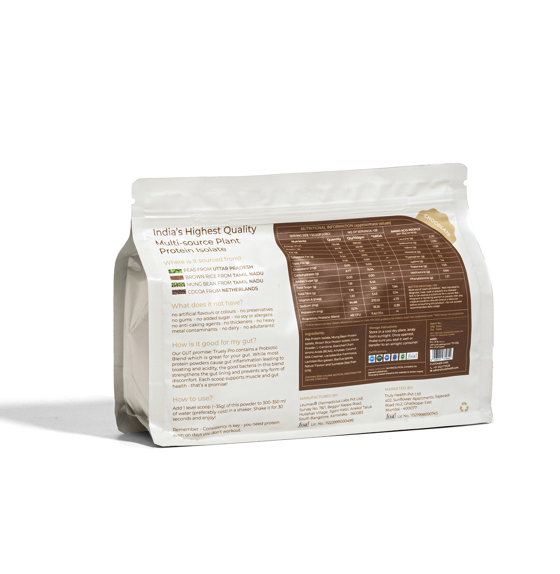 Truely Pro - Vegan Plant Protein | 24g Protein/Serving | 4 Bn CFU Probiotics | 3 Protein Sources - Pea, Brown Rice & Moong Bean | No Artificial Flavours | THIRD-PARTY TESTED | Dark Chocolate | 1KG
