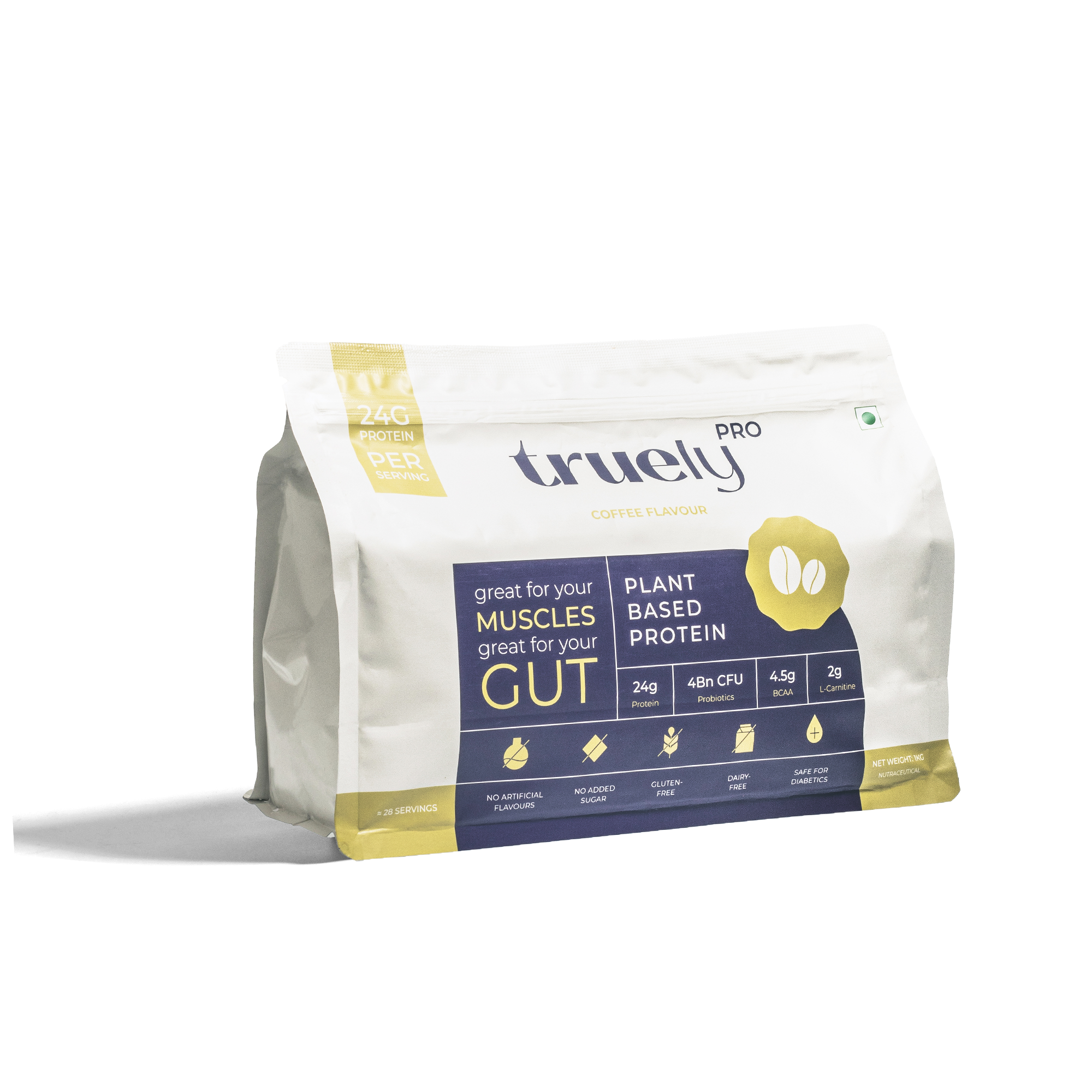 Truely Pro - Vegan Plant Protein | 24g Protein/Serving | 4 Bn CFU Probiotics | 3 Protein Sources - Pea, Brown Rice & Moong Bean | No Artificial Flavours | THIRD-PARTY TESTED | Coffee | 1KG