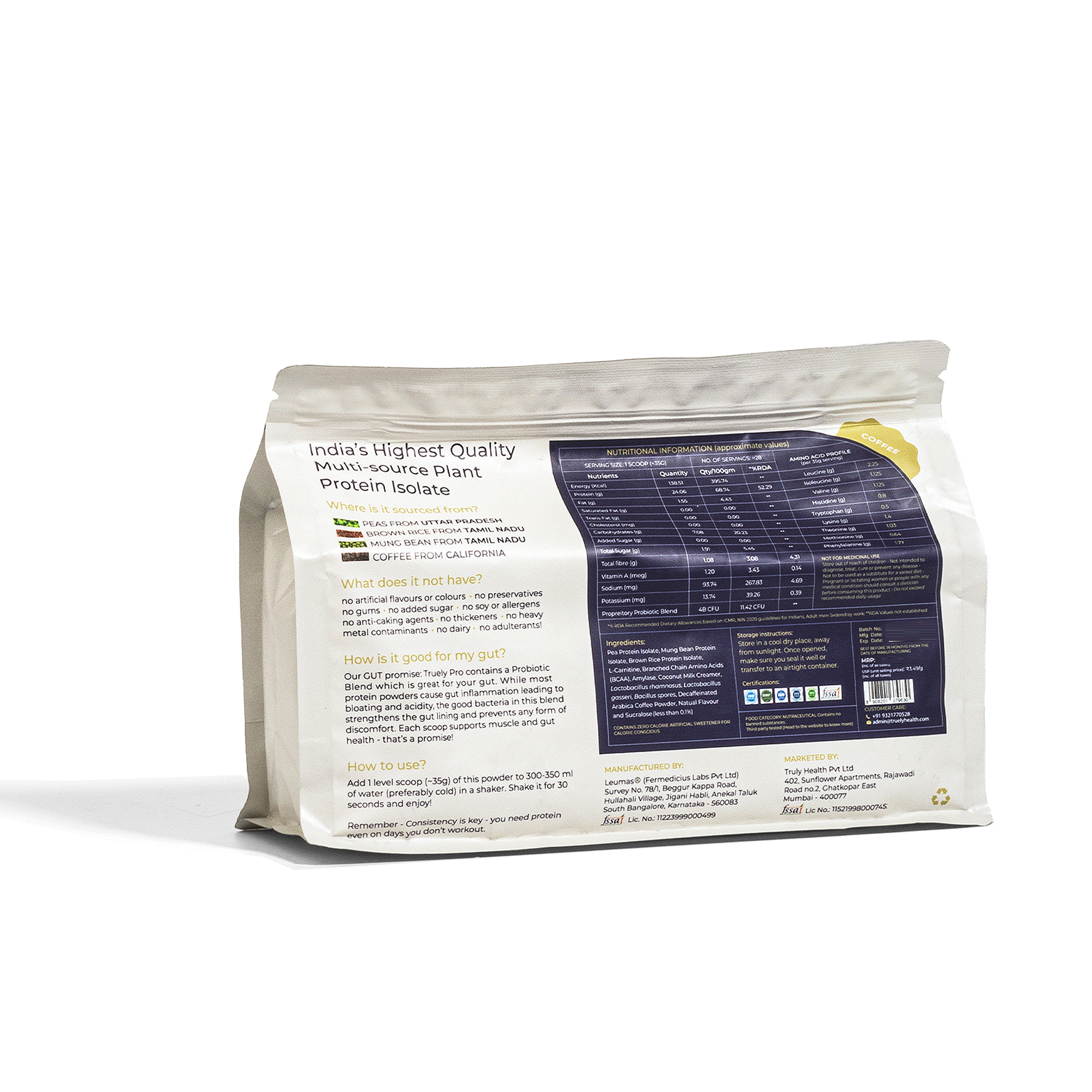 Truely Pro - Vegan Plant Protein | 24g Protein/Serving | 4 Bn CFU Probiotics | 3 Protein Sources - Pea, Brown Rice & Moong Bean | No Artificial Flavours | THIRD-PARTY TESTED | Coffee | 1KG
