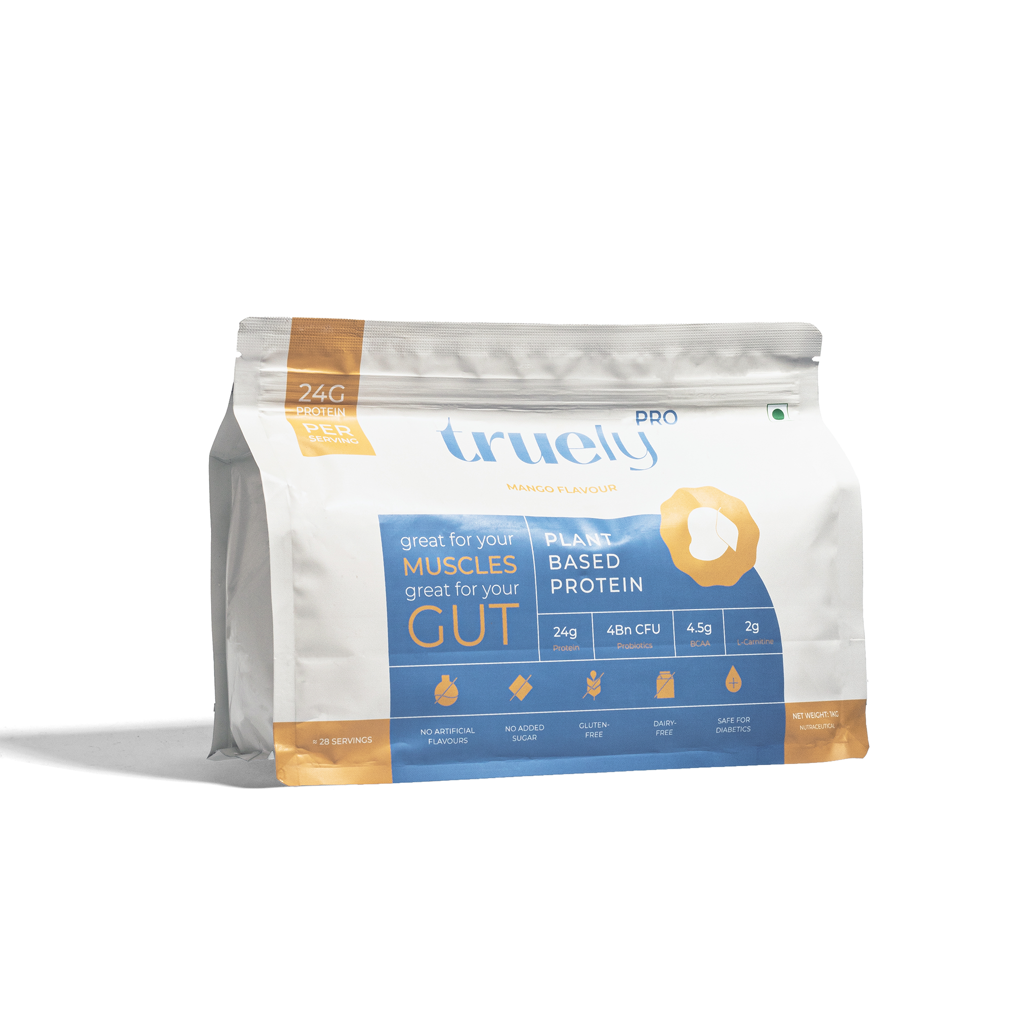 Truely Pro - Vegan Plant Protein | 24g Protein/Serving | 4 Bn CFU Probiotics | 3 Protein Sources - Pea, Brown Rice & Moong Bean | No Artificial Flavours | THIRD-PARTY TESTED | Mango | 1KG