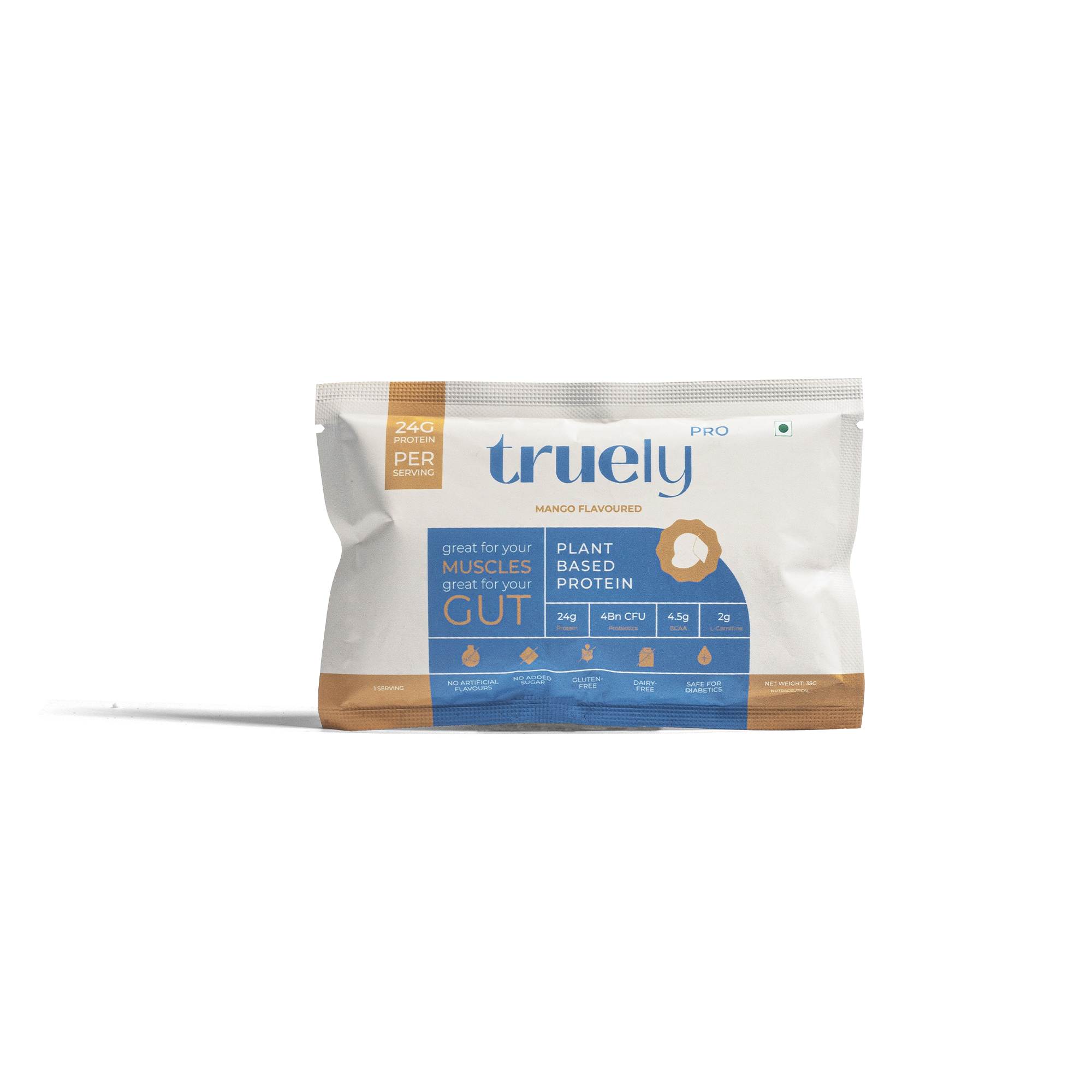 Truely Pro - Vegan Plant Protein | 24g Protein/Serving | 4 Bn CFU Probiotics | 3 Protein Sources - Pea, Brown Rice & Moong Bean | No Artificial Flavours | THIRD-PARTY TESTED | Mango | 1KG