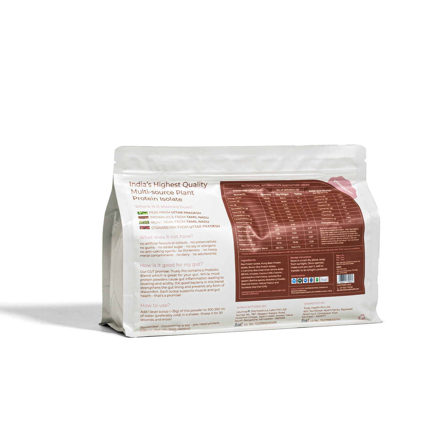 Truely Pro - Vegan Plant Protein | 24g Protein/Serving | 4 Bn CFU Probiotics | 3 Protein Sources - Pea, Brown Rice & Moong Bean | No Artificial Flavours | THIRD-PARTY TESTED | Strawberry | 1KG