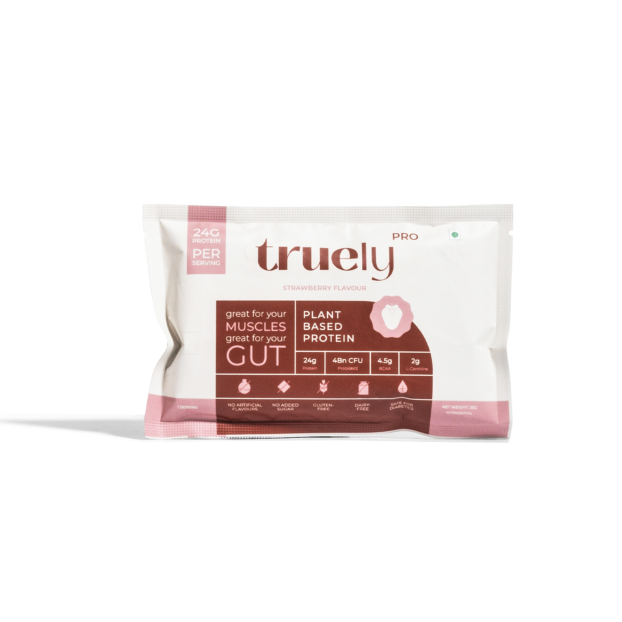 Truely Pro - Vegan Plant Protein | 24g Protein/Serving | 4 Bn CFU Probiotics | 3 Protein Sources - Pea, Brown Rice & Moong Bean | No Artificial Flavours | THIRD-PARTY TESTED | Strawberry | 1KG