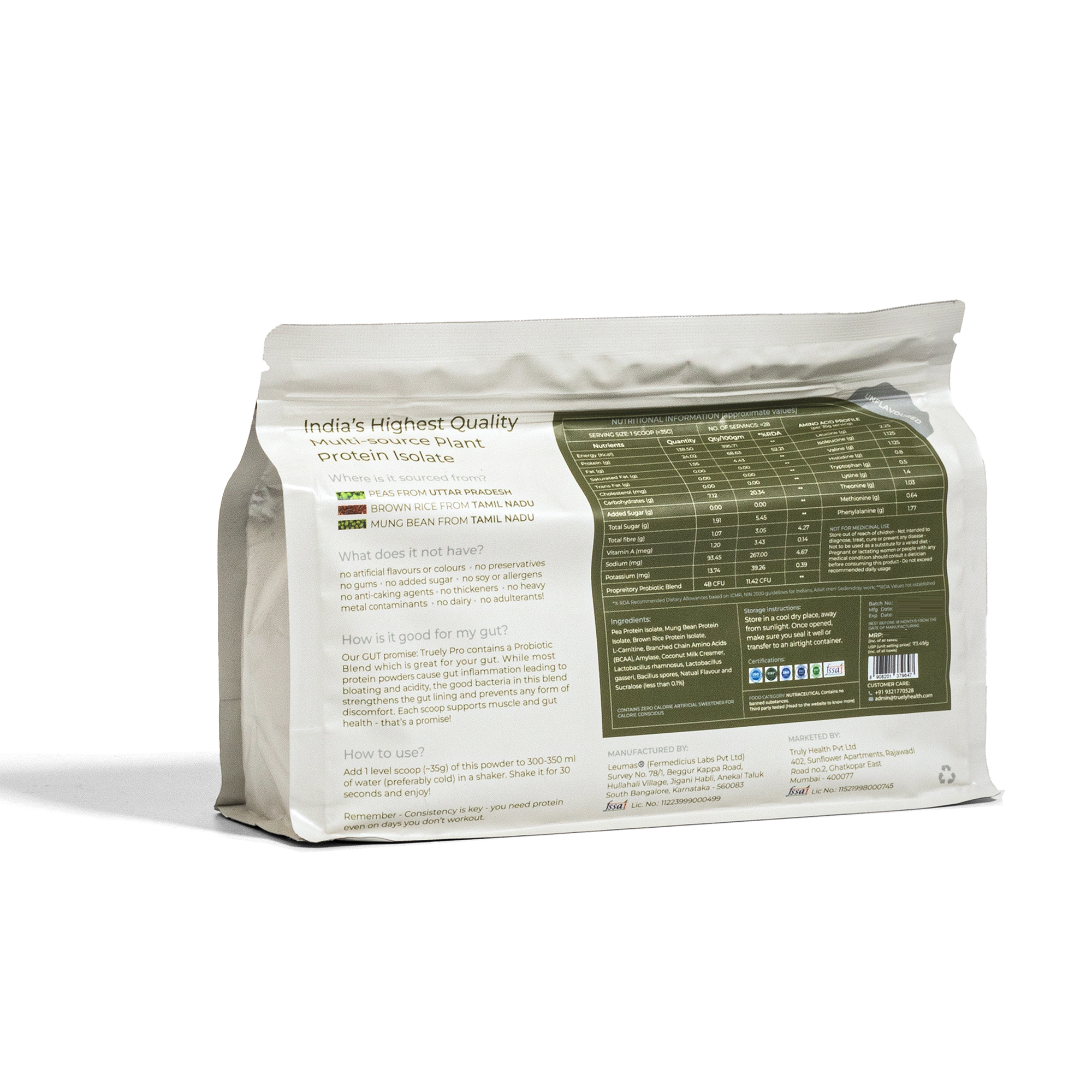 Truely Pro - Vegan Plant Protein | 24g Protein/Serving | 4 Bn CFU Probiotics | 3 Protein Sources - Pea, Brown Rice & Moong Bean | No Artificial Flavours | THIRD-PARTY TESTED | Unflavoured | 1KG