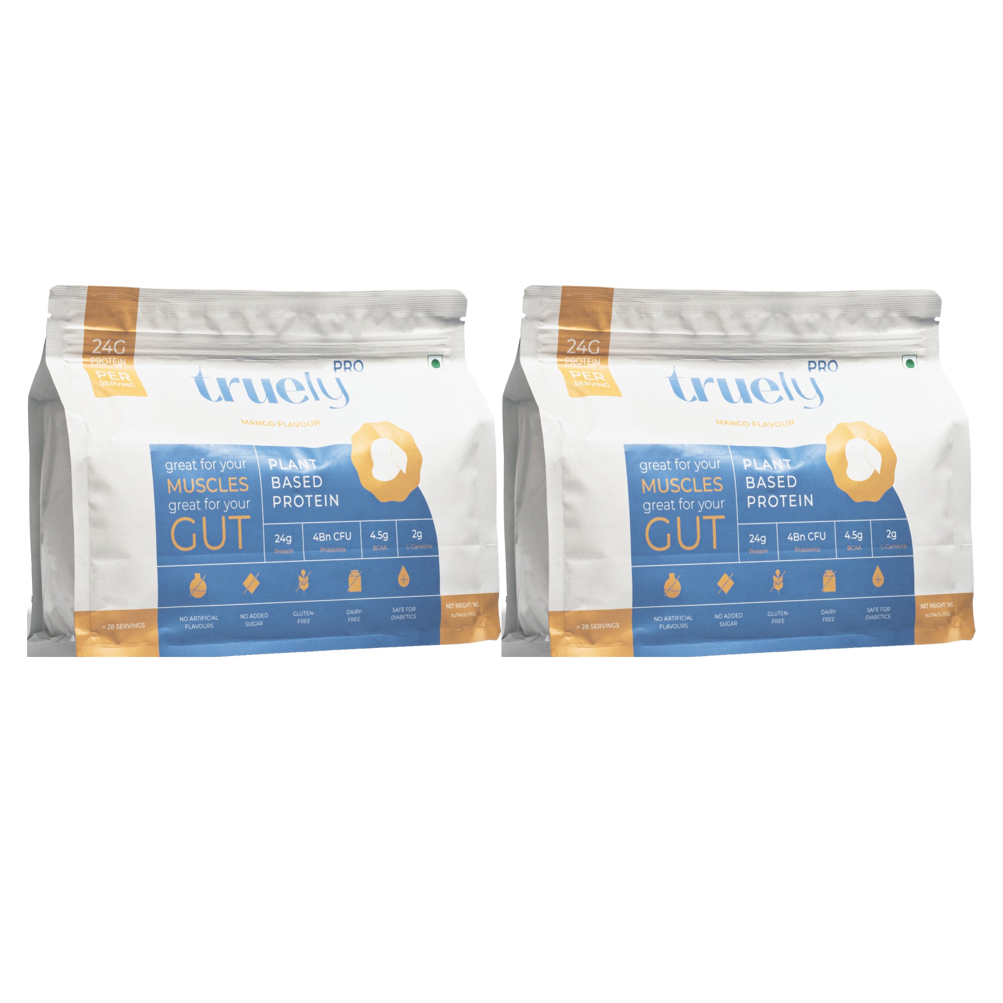 Truely Pro - Vegan Plant Protein | 24g Protein/Serving | 4 Bn CFU Probiotics | 3 Protein Sources - Pea, Brown Rice & Moong Bean | No Artificial Flavours | THIRD-PARTY TESTED | Mango | 2KG