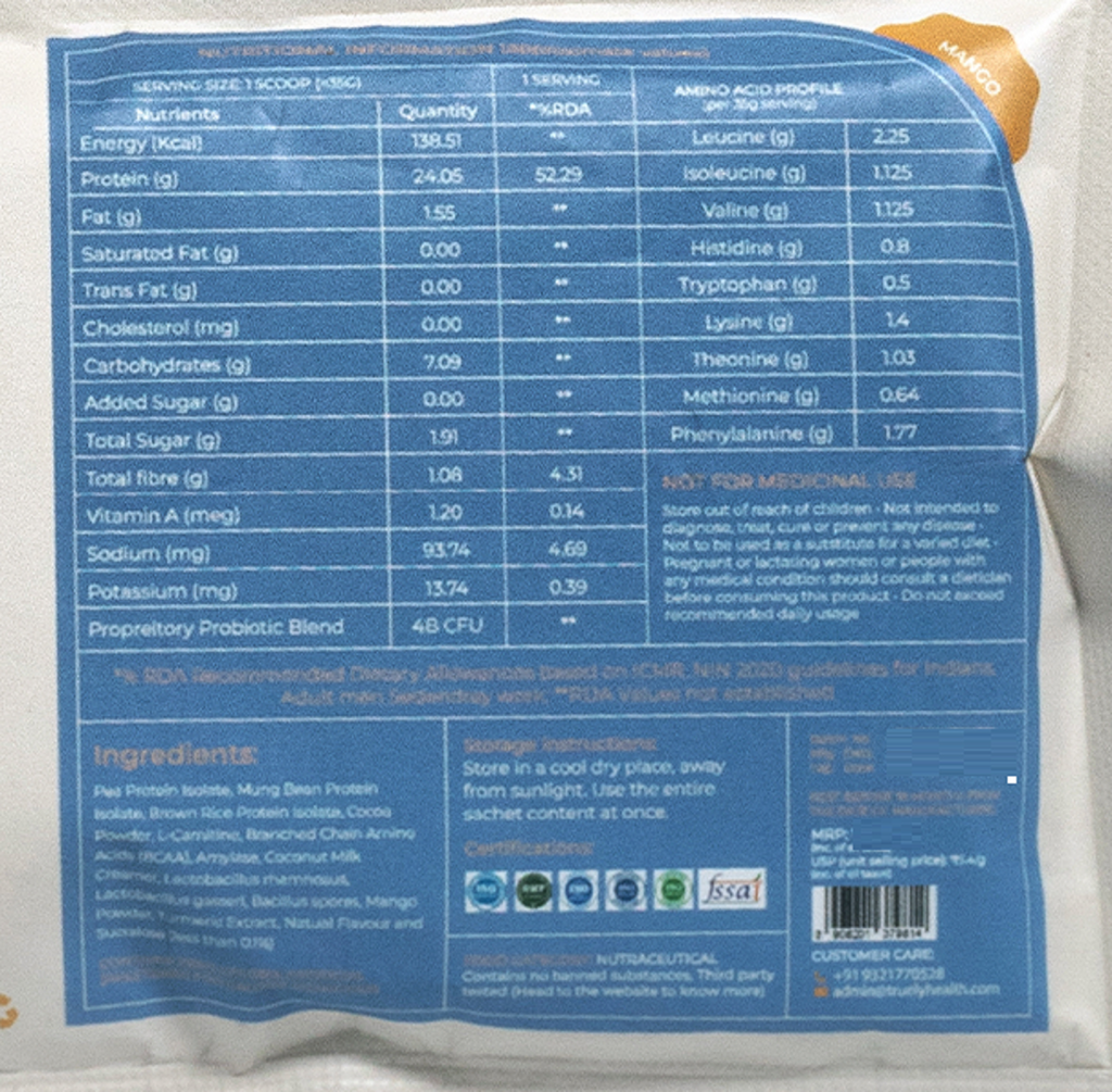 Truely Pro - Vegan Plant Protein | 24g Protein/Serving | 4 Bn CFU Probiotics | 3 Protein Sources - Pea, Brown Rice & Moong Bean | No Artificial Flavours | THIRD-PARTY TESTED | Mango | 2KG