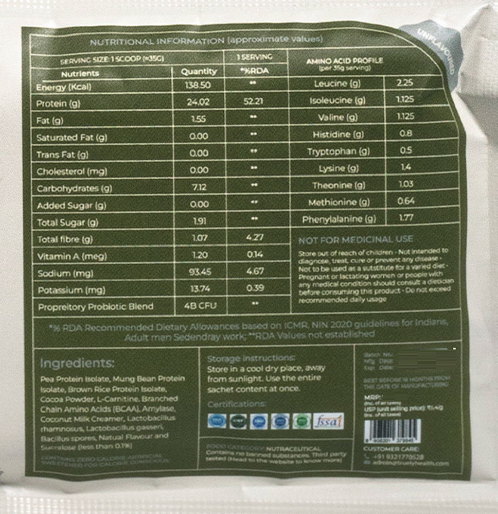 Truely Pro - Vegan Plant Protein | 24g Protein/Serving | 4 Bn CFU Probiotics | 3 Protein Sources - Pea, Brown Rice & Moong Bean | No Artificial Flavours | THIRD-PARTY TESTED | Unflavoured | 2KG