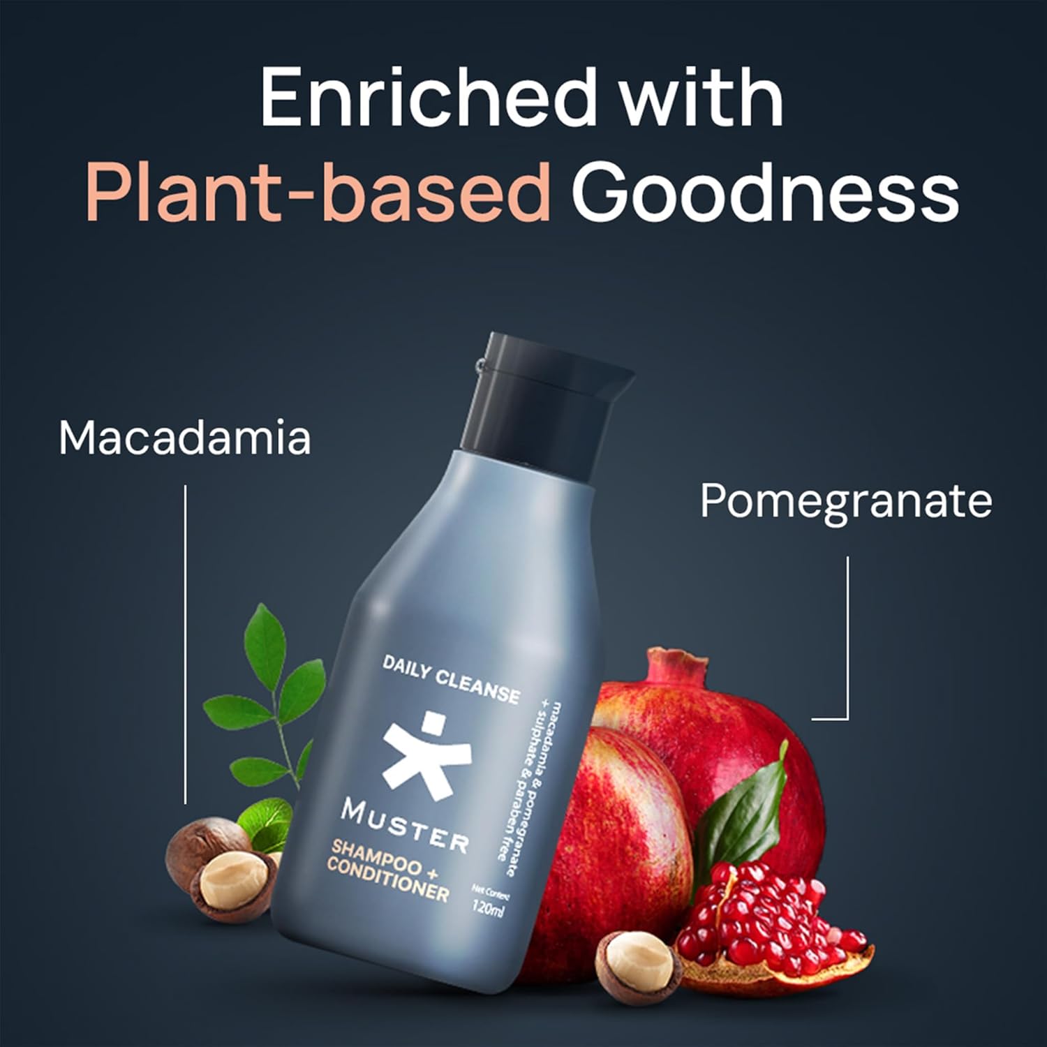 Muster Deep Cleanse Shampoo & Conditioner for Men | 120 ML | Sulphate & Paraben Free | Macadamia and Pomegranate Extracts | 2-in-1 Shampoo+Conditioner | UV Protection | Hair Growth (Pack of 2)