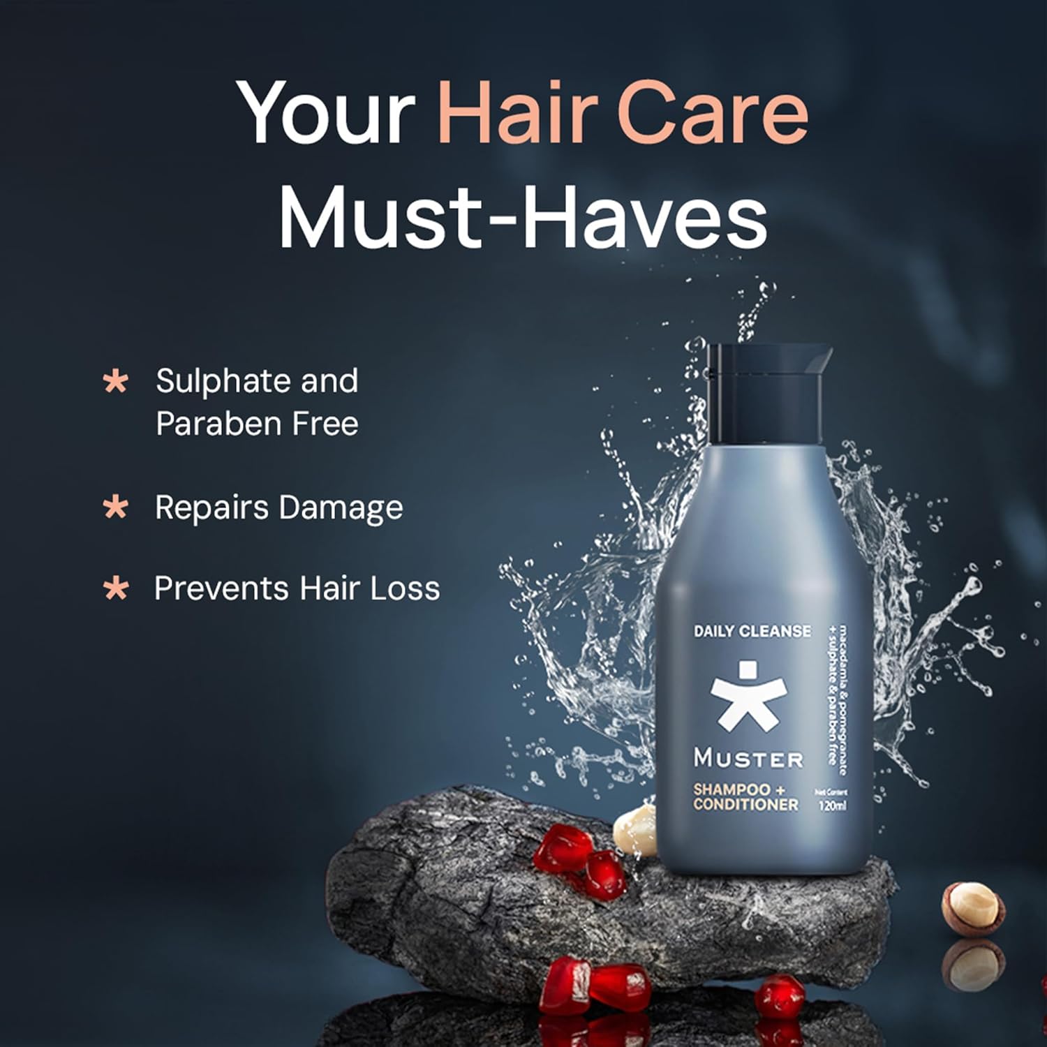 Muster Deep Cleanse Shampoo & Conditioner for Men | 120 ML | Sulphate & Paraben Free | Macadamia and Pomegranate Extracts | 2-in-1 Shampoo+Conditioner | UV Protection | Hair Growth (Pack of 2)