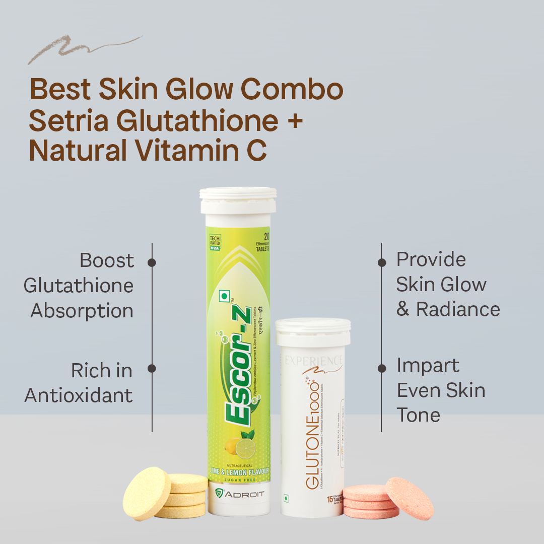 Glutone 1000 & Escor-Z Combo Pack| Setria L-Glutathione, Vitamin C Effervescent Tablets| Healthy Skin|Pack of 15 (2) + 20 (2) Tablets (Lime & Lemon Flavour)