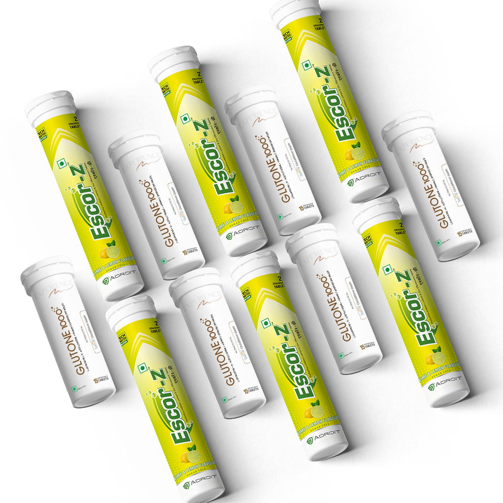Glutone 1000 & Escor-Z Combo Pack| Setria L-Glutathione, Vitamin C Effervescent Tablets| Healthy Skin| 15 (6) + 20 (6) Tablets (Lime & Lemon Flavour)