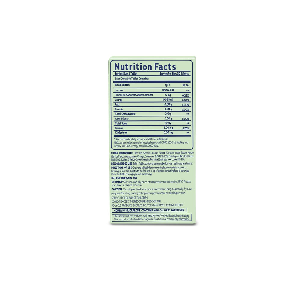 DIVE Daily Lactase Enzyme | Chewable Tablet | Dairy Relief Supplement | 9000 ALU Strength | Prevents Gas, Bloating, Diarrhea | 100% Vegetarian | Sugar-Free | Orange Flavour, 30 Count