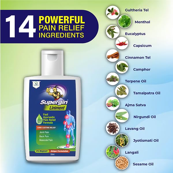 Supergin Liniment Oil - 50ml | Ayurvedic Pain Relief Formula | Quick Relief from Arthritis Pain, Joint Pain, Muscle Pain, Back Pain, and Shoulder Pain (Pack of 4)