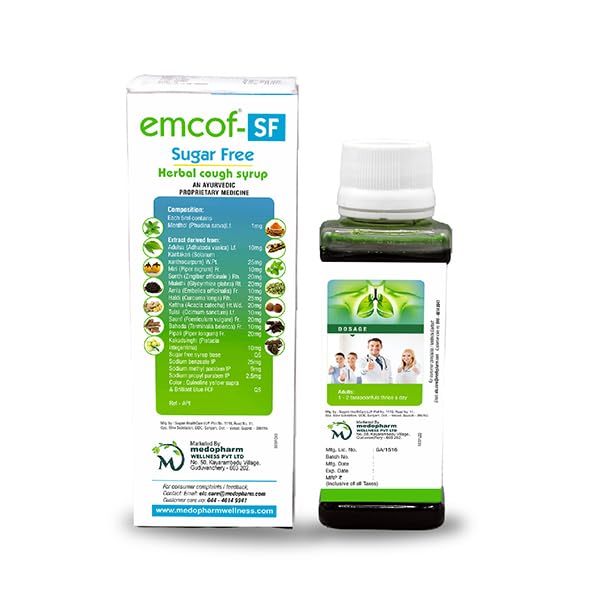 Emcof Ayurvedic Sugar-Free Cough Syrup: Relieve Your Cough Naturally with Our Herbal Formula - Buy Now for Fast Relief! (Pack of 6)