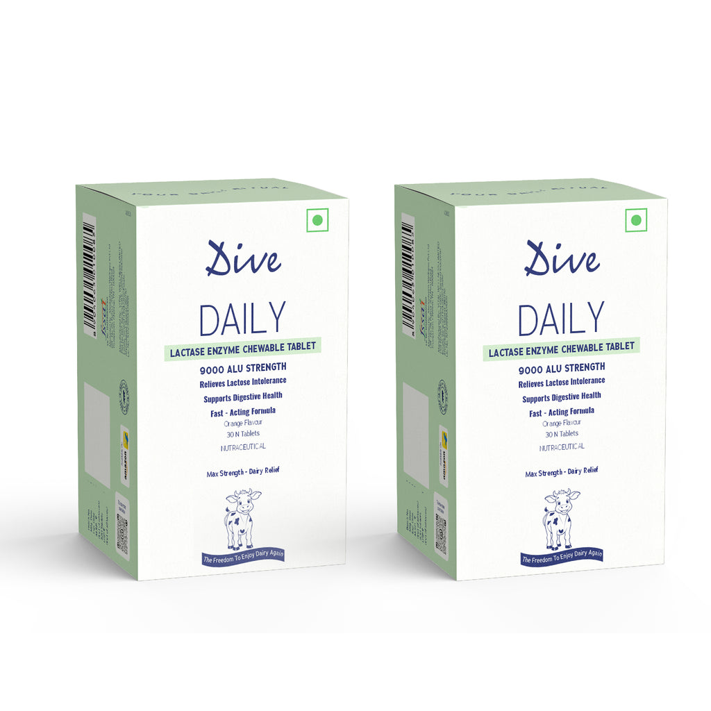 DIVE Daily Lactase Enzyme | Chewable Tablet | Dairy Relief Supplement | 9000 ALU Strength | Prevents Gas, Bloating, Diarrhea | 100% Vegetarian | Sugar-Free | Orange Flavour, 60 Count - Pack of 2