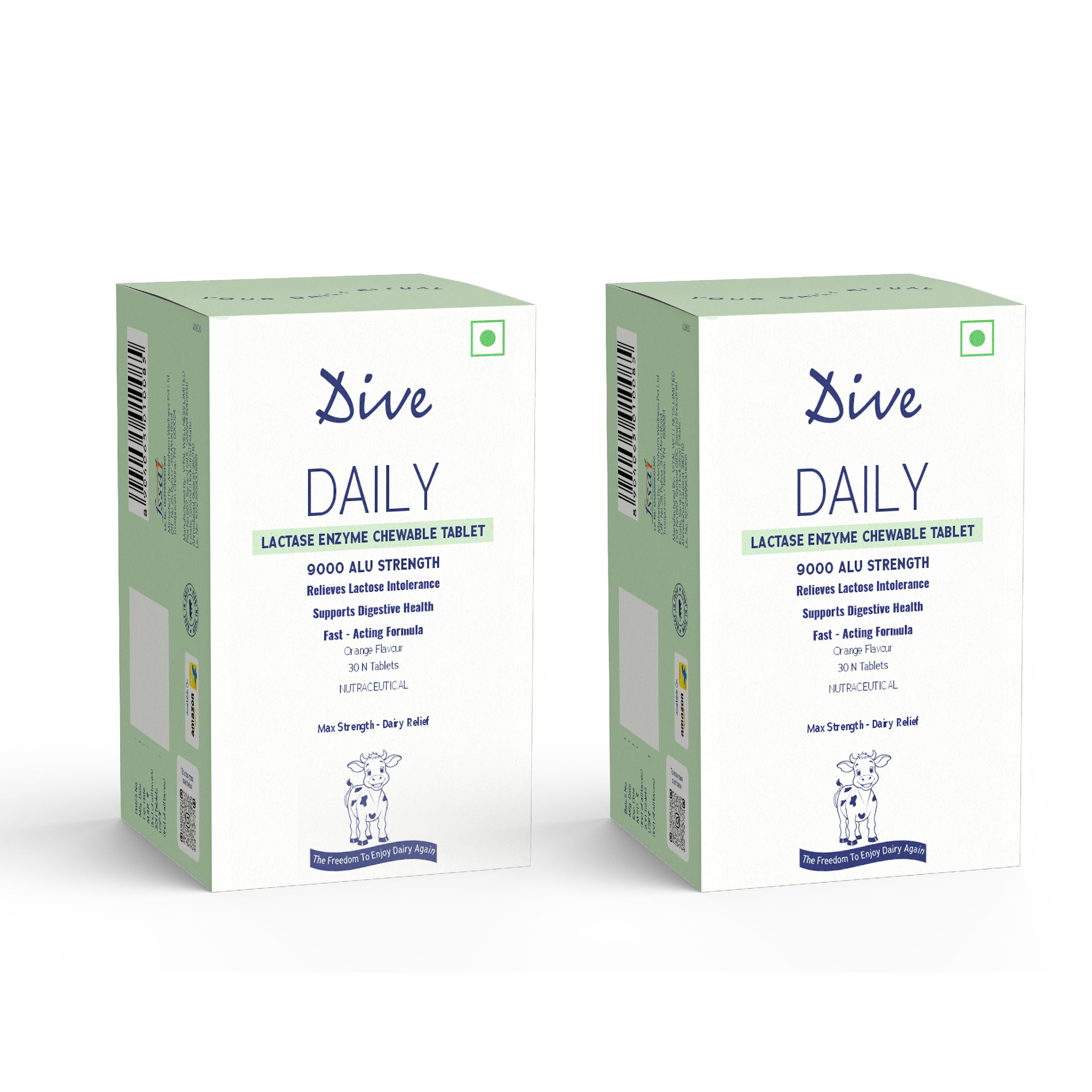 DIVE Daily Lactase Enzyme | Chewable Tablet | Dairy Relief Supplement | 9000 ALU Strength | Prevents Gas, Bloating, Diarrhea | 100% Vegetarian | Sugar-Free | Orange Flavour, 60 Count - Pack of 2