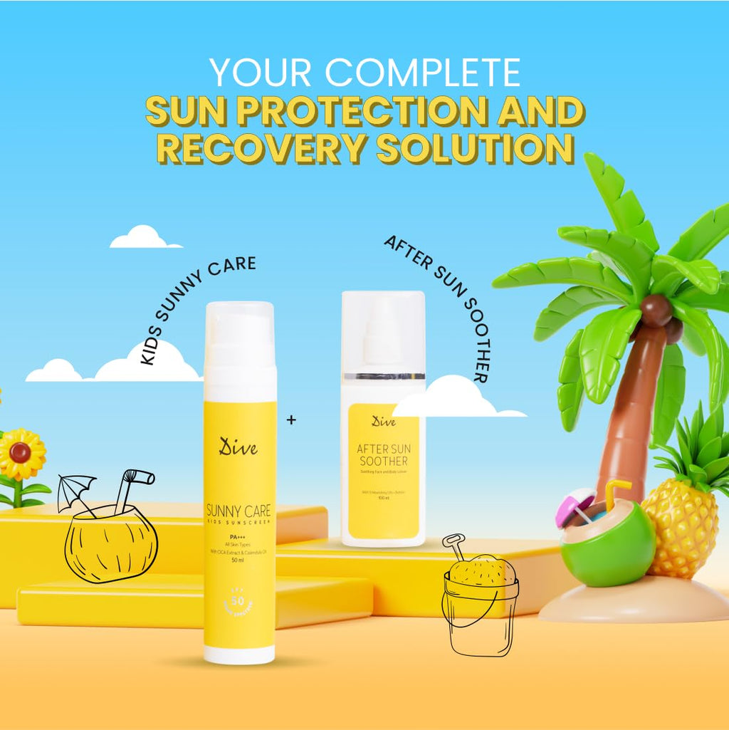 DIVE SPF 50 SUNNY CARE KIDS SUNSCREEN and AFTER SUN SOOTHER | Broad Spectrum Sunscreen for UVA/UVB, PA+++Protection | Free from Harmful Chemicals | Sun-Damage Repair (Pack of 2)
