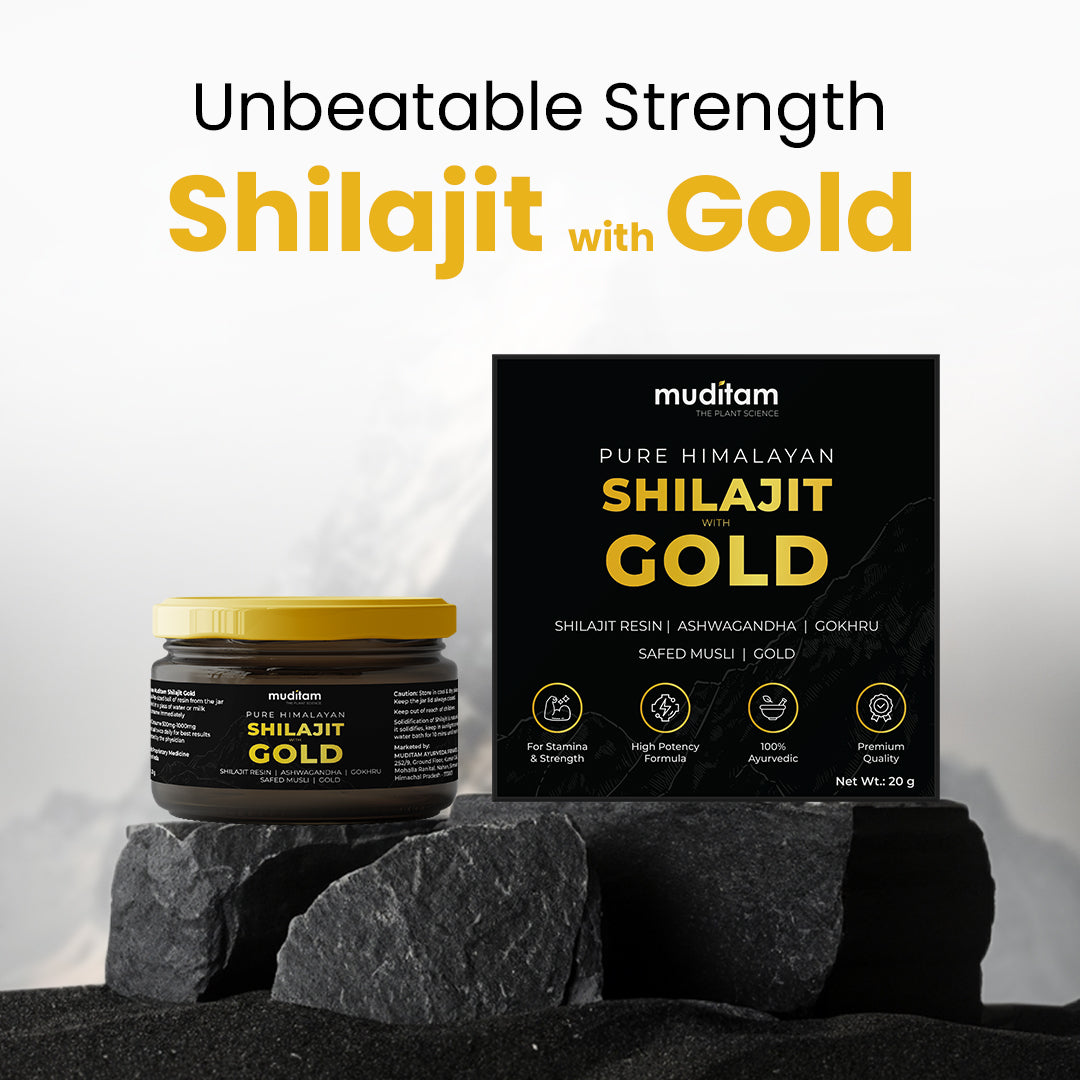 Muditam Ayurveda Shilajit Gold | boost in Strength, Stamina & Muscle building | Clinically Proven Strain | 100% Ayurvedic | 20g