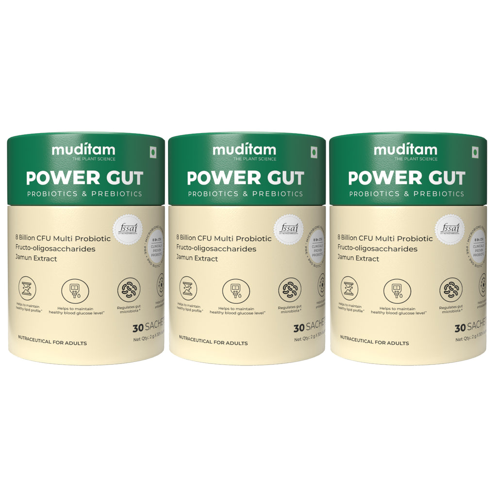 Muditam Ayurveda Power Gut - Prebiotics & Probiotics Supplement | Constipation, Bloating, Gas & Acidity Relief | Clinically Proven Strain | 90 Sachet (Pack of 3)