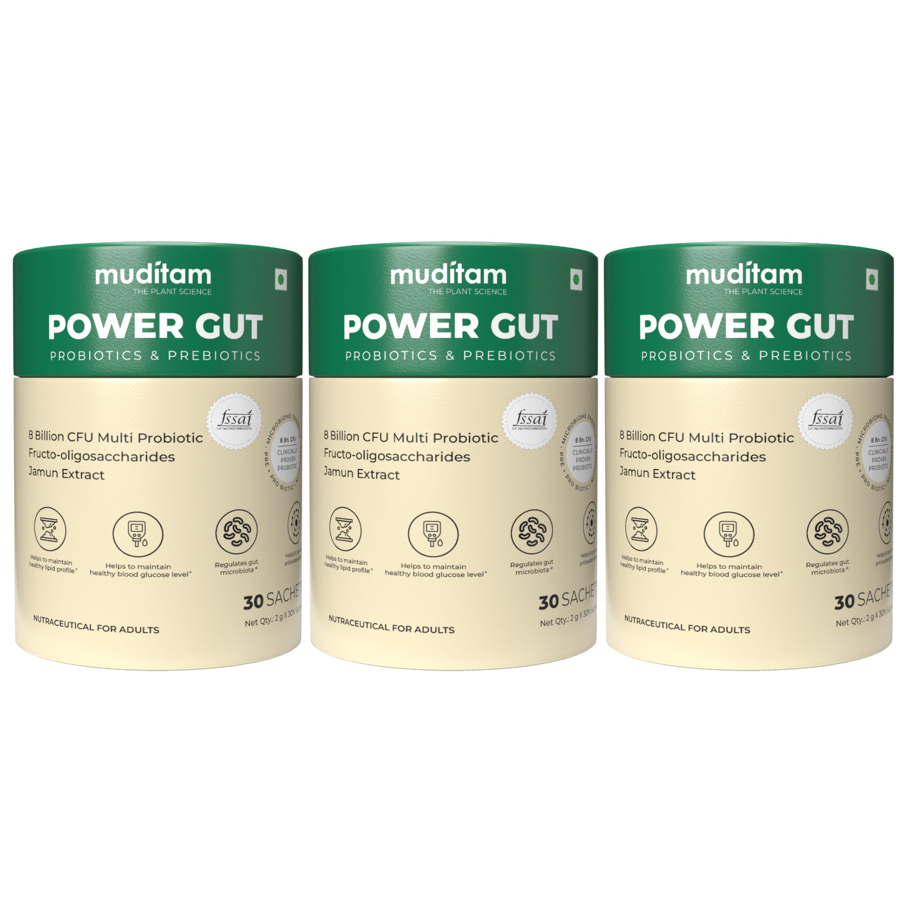Muditam Ayurveda Power Gut - Prebiotics & Probiotics Supplement | Constipation, Bloating, Gas & Acidity Relief | Clinically Proven Strain | 90 Sachet (Pack of 3)
