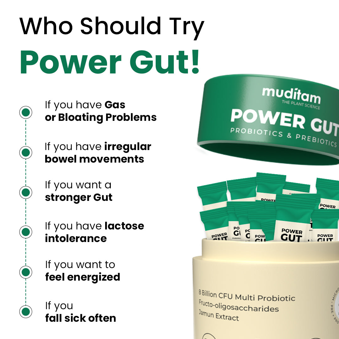 Muditam Ayurveda Power Gut - Prebiotics & Probiotics Supplement | Constipation, Bloating, Gas & Acidity Relief | Clinically Proven Strain | 90 Sachet (Pack of 3)