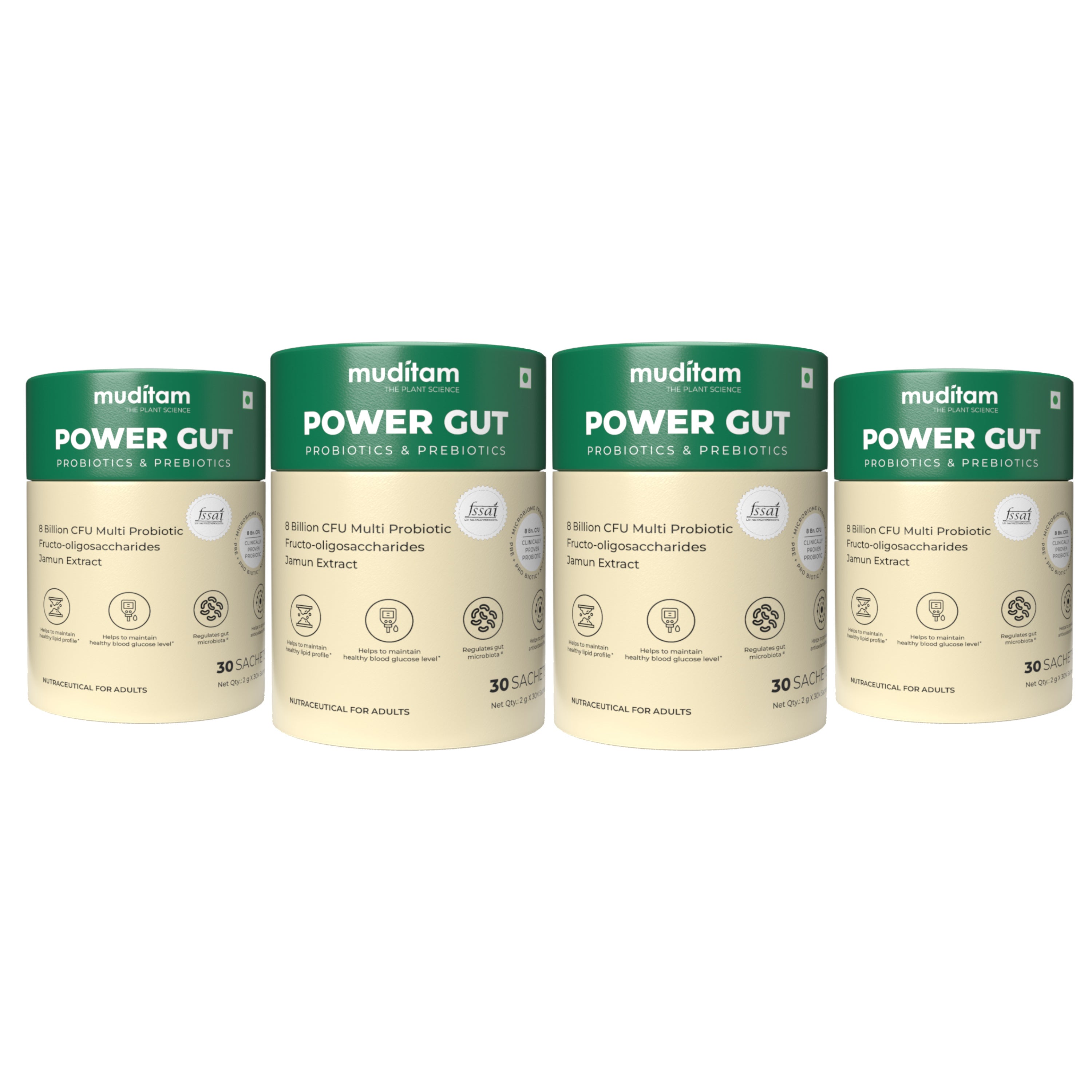Muditam Ayurveda Power Gut - Prebiotics & Probiotics Supplement | Constipation, Bloating, Gas & Acidity Relief | Clinically Proven Strain | 120 Sachet (Pack of 4)
