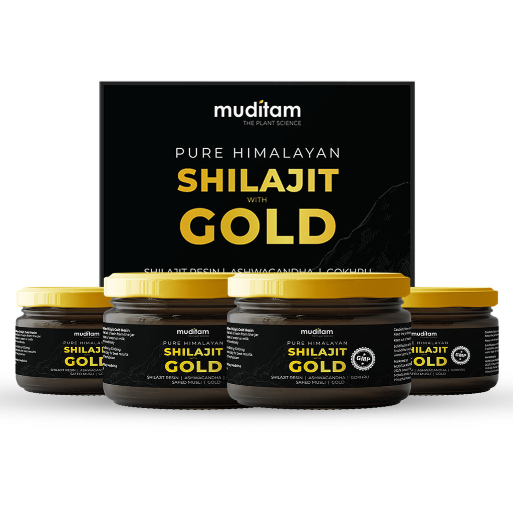Muditam Ayurveda Shilajit Gold | boost in Strength, Stamina & Muscle building | Clinically Proven Strain | 100% Ayurvedic | 20g (Pack of 4)