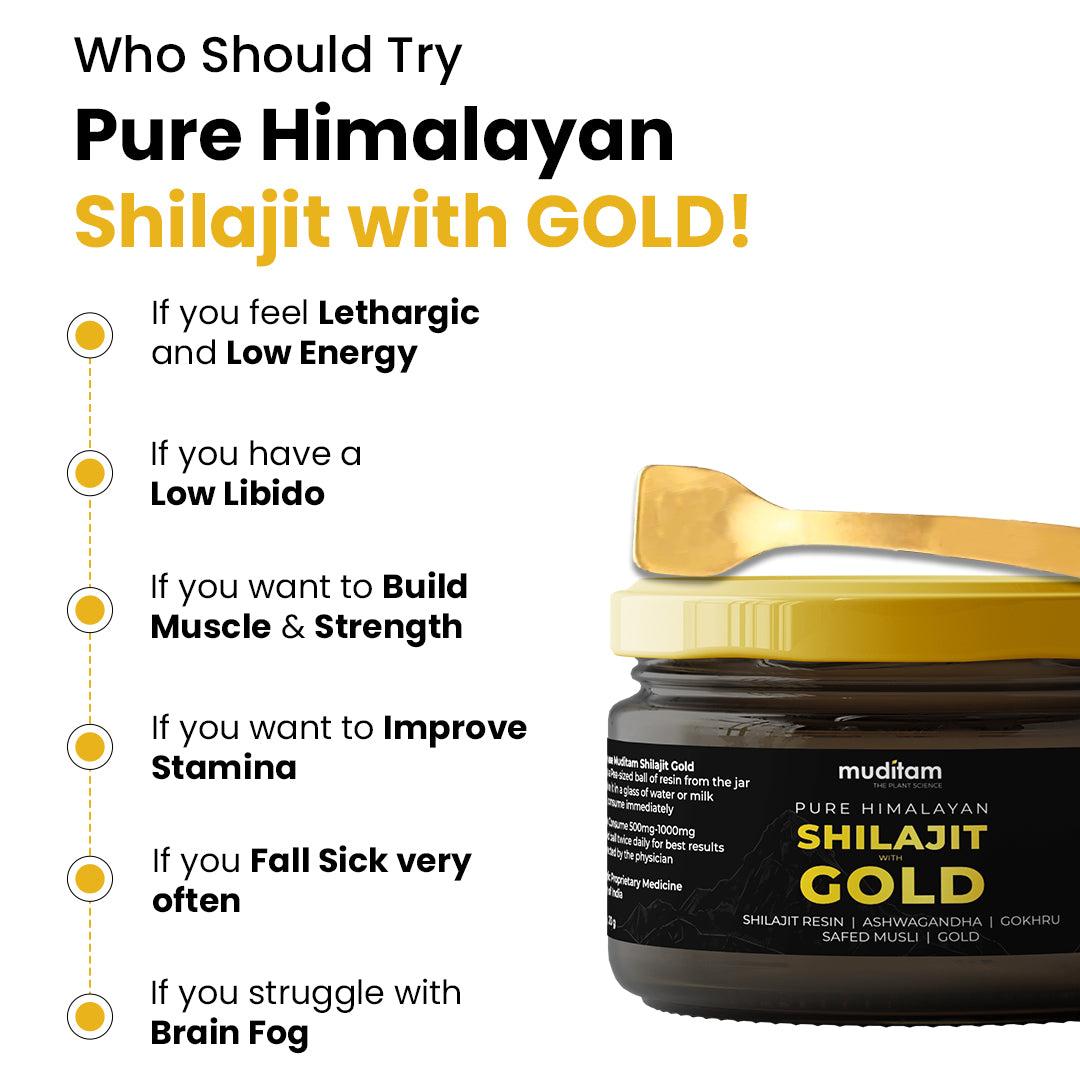 Muditam Ayurveda Shilajit Gold | boost in Strength, Stamina & Muscle building | Clinically Proven Strain | 100% Ayurvedic | 20g (Pack of 4)