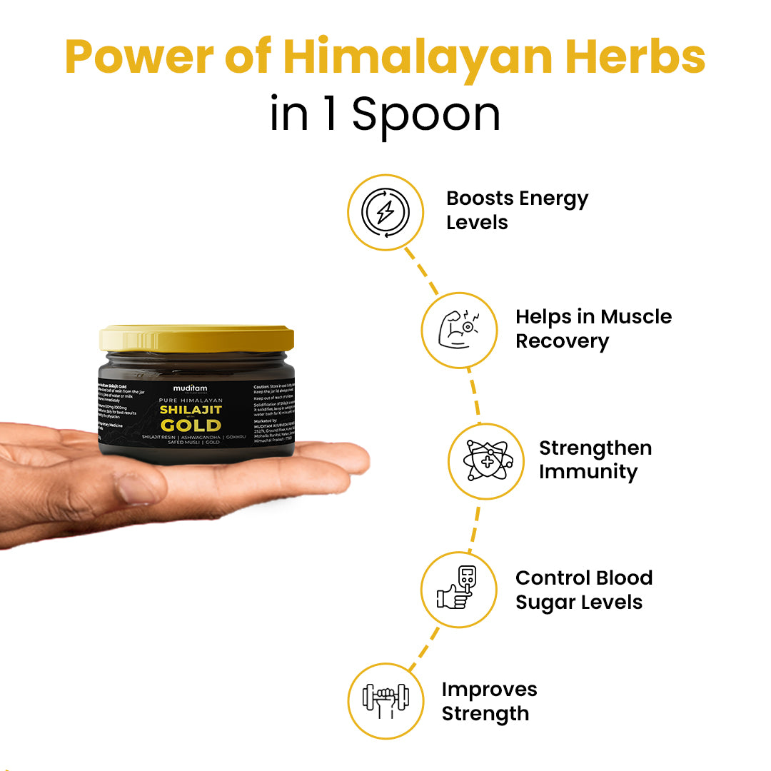 Muditam Ayurveda Shilajit Gold | boost in Strength, Stamina & Muscle building | Clinically Proven Strain | 100% Ayurvedic | 20g (Pack of 5)
