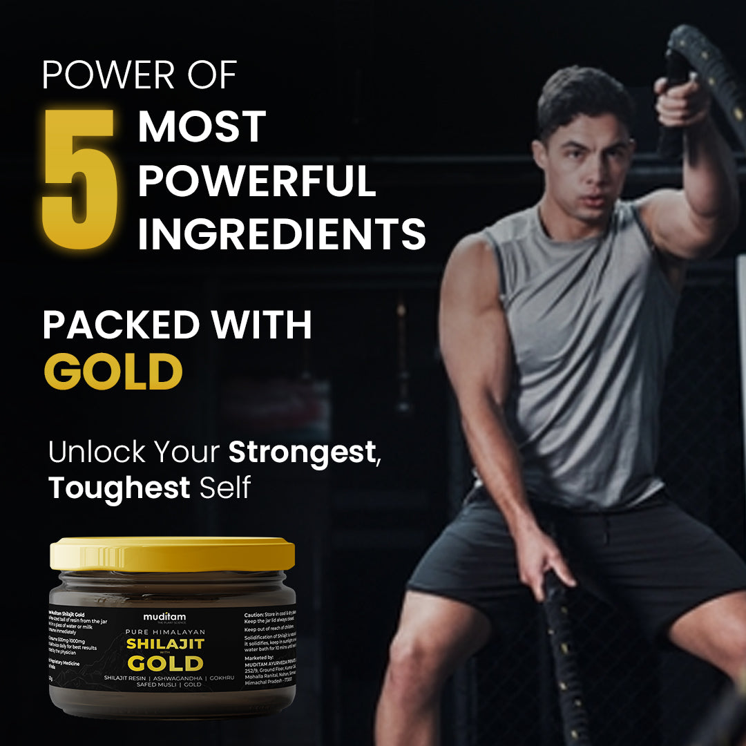 Muditam Ayurveda Shilajit Gold | boost in Strength, Stamina & Muscle building | Clinically Proven Strain | 100% Ayurvedic | 20g (Pack of 5)