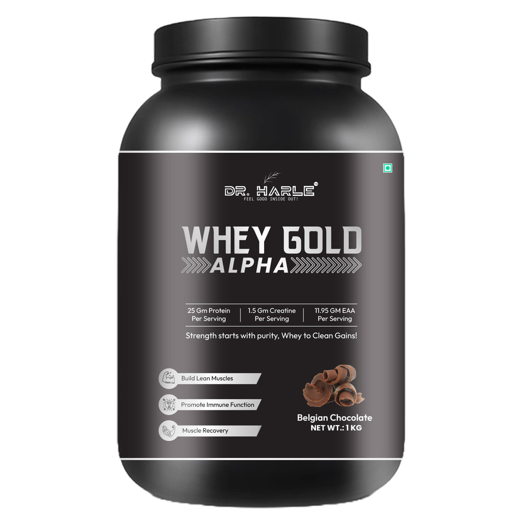 DR. HARLE Alpha Whey Protein Powder 1kg | Gold Standard Whey for Muscle Building, Rich in Amino Acids, 26g Protein, 11.9g EAA, Gluten & Sugar Free Protein Supplement - 1Kg Belgian Chocolate