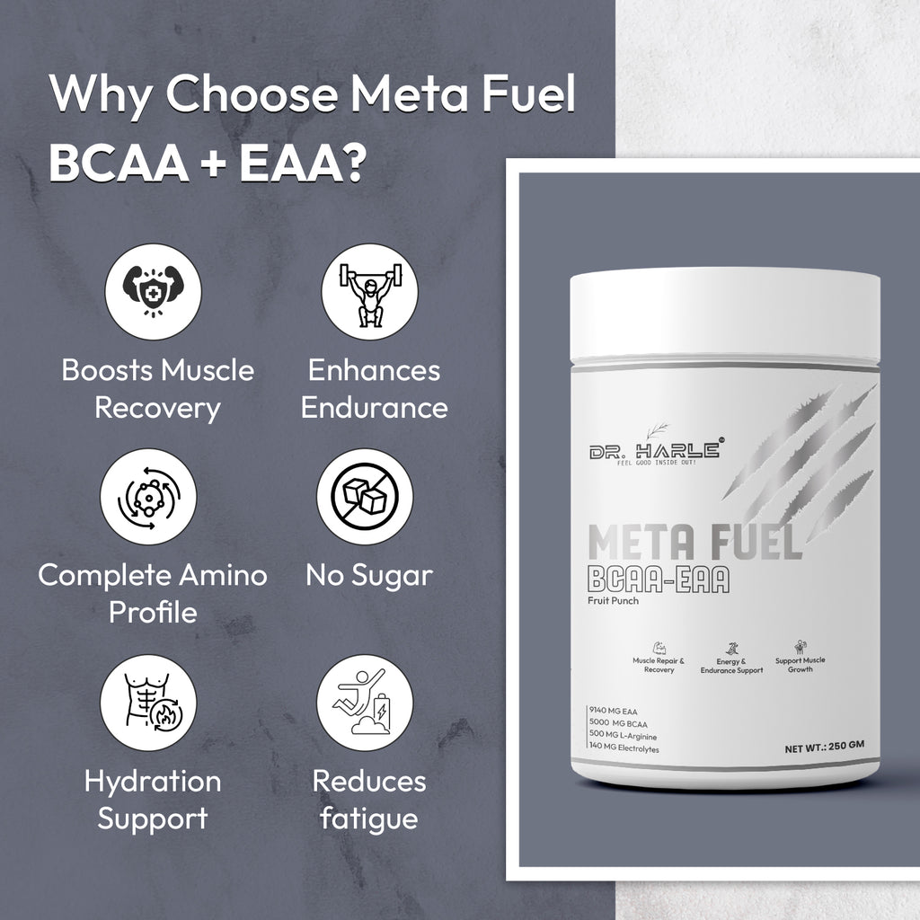 Dr. Harle Meta Fuel BCAA + EAA Powder | 2:1:1 Ratio | All 9 Essential Amino Acids + Electrolytes | Zero Sugar | Fruit Punch Flavor | 250Gm