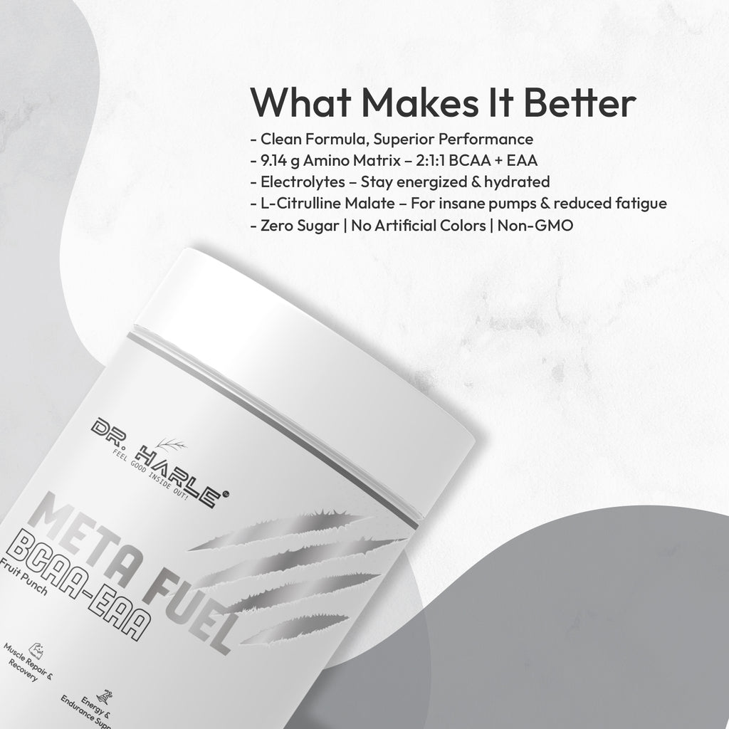 Dr. Harle Meta Fuel BCAA + EAA Powder | 2:1:1 Ratio | All 9 Essential Amino Acids + Electrolytes | Zero Sugar | Fruit Punch Flavor | 250Gm