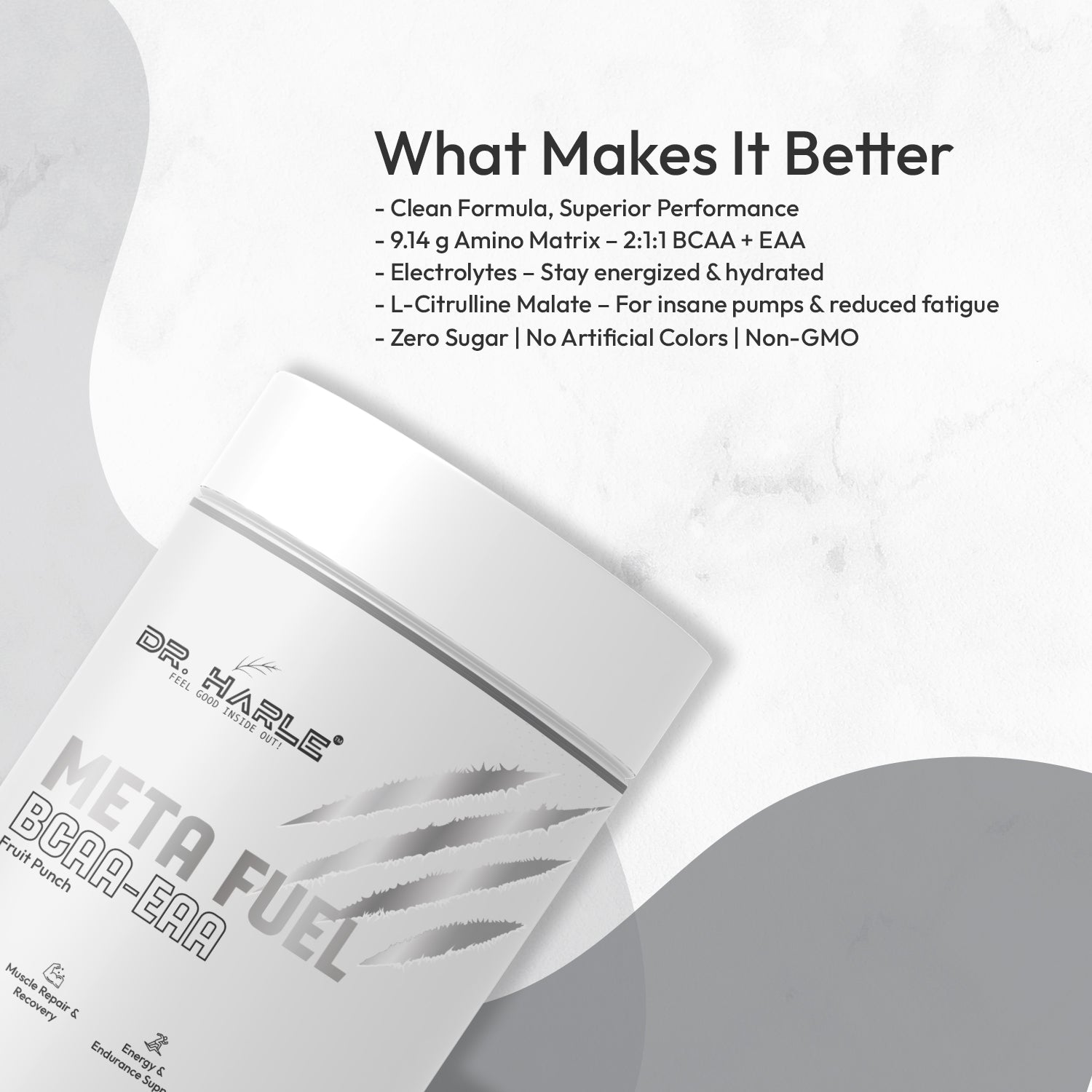 Dr. Harle Meta Fuel BCAA + EAA Powder | 2:1:1 Ratio | All 9 Essential Amino Acids + Electrolytes | Zero Sugar | Fruit Punch Flavor | 250Gm
