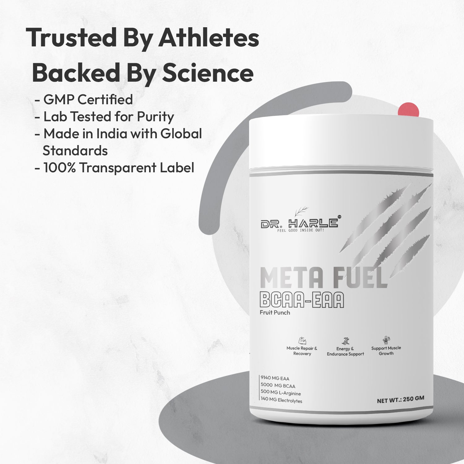 Dr. Harle Meta Fuel BCAA + EAA Powder | 2:1:1 Ratio | All 9 Essential Amino Acids + Electrolytes | Zero Sugar | Fruit Punch Flavor | 250Gm