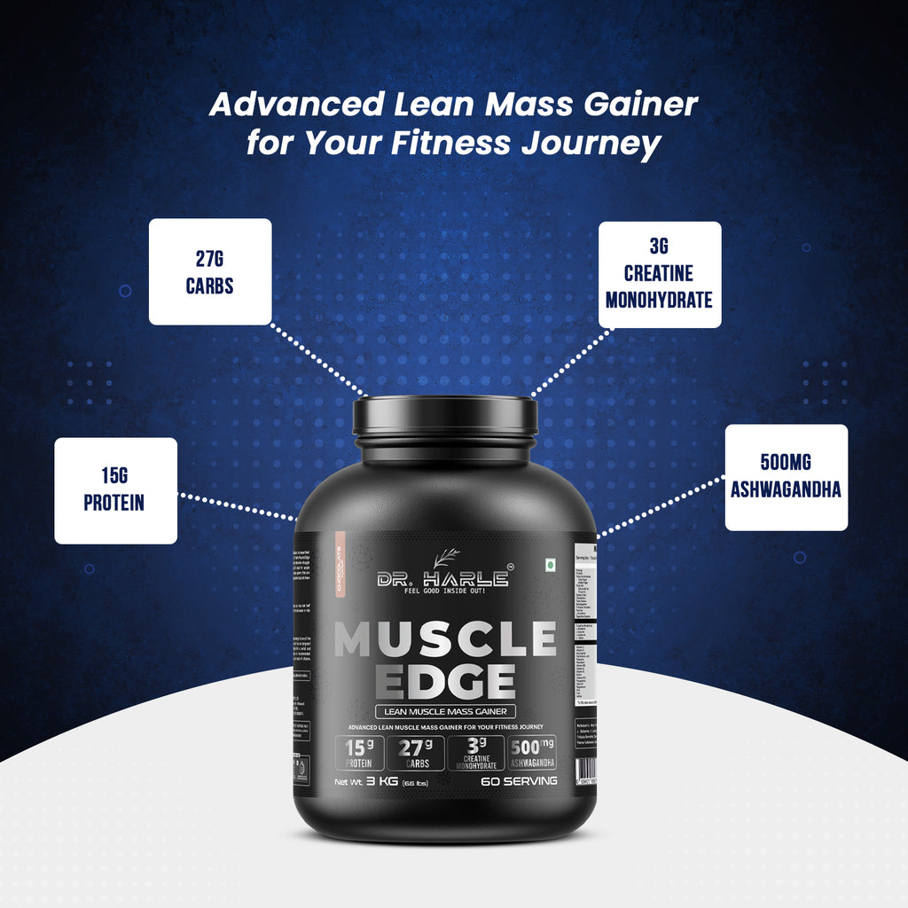 DR. HARLE's Muscle Edge Lean Mass Gainer 3kg | Weight Gainer for Men & Women | 15g Protein per Serving, Ashwagandha 500mg, Creatine 3g, Tribulus 500mg and 17 Vitamins & Minerals | 3kg Chocolate Flavour