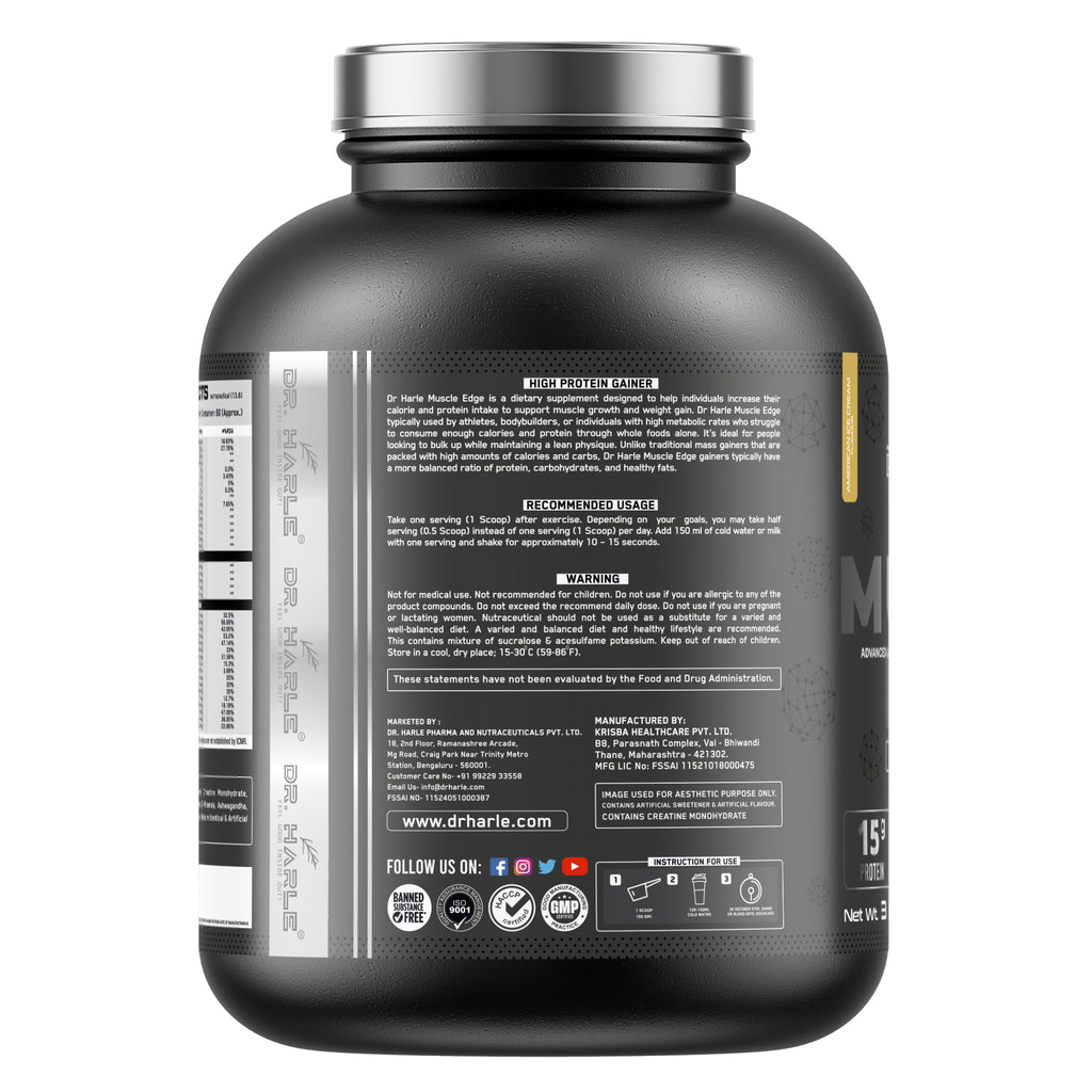 DR. HARLE's Muscle Edge Lean Muscle Mass Gainer 3kg | Weight Gainer for Men & Women | 15g Protein per Serving, Ashwagandha 500mg, Creatine 3g and 17 Vitamins & Minerals | 3kg American Icecream Flavour