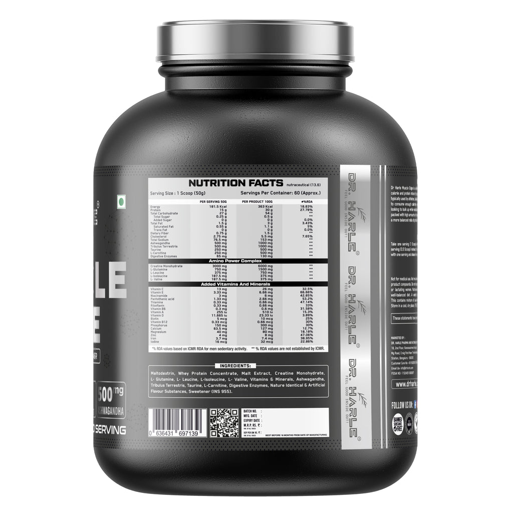 DR. HARLE's Muscle Edge Lean Muscle Mass Gainer 3kg | Weight Gainer for Men & Women | 15g Protein/Serving, Ashwagandha 500mg, Creatine 3g, Tribulus 500mg and 17 Vitamins & Minerals | 60 Servings 3kg Banana Strawberry Flavour