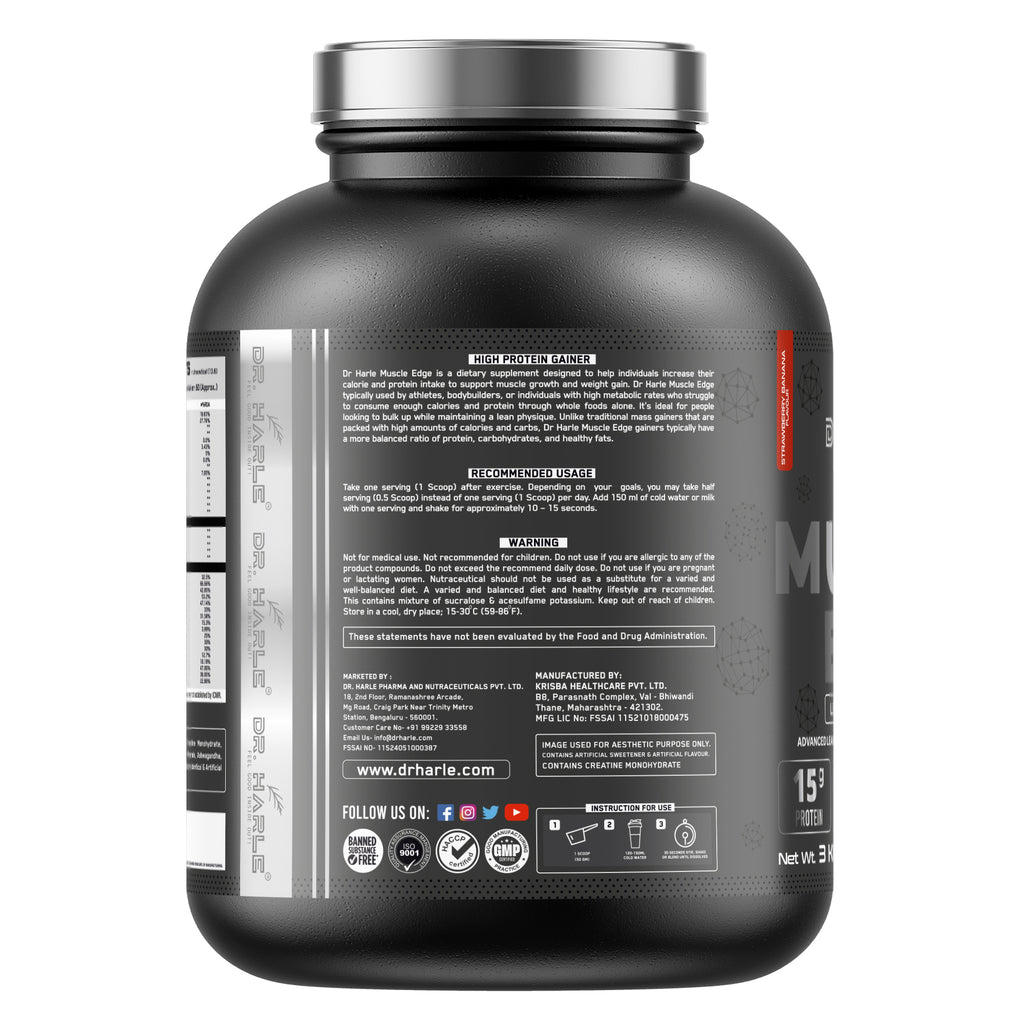 DR. HARLE's Muscle Edge Lean Muscle Mass Gainer 3kg | Weight Gainer for Men & Women | 15g Protein/Serving, Ashwagandha 500mg, Creatine 3g, Tribulus 500mg and 17 Vitamins & Minerals | 60 Servings 3kg Banana Strawberry Flavour