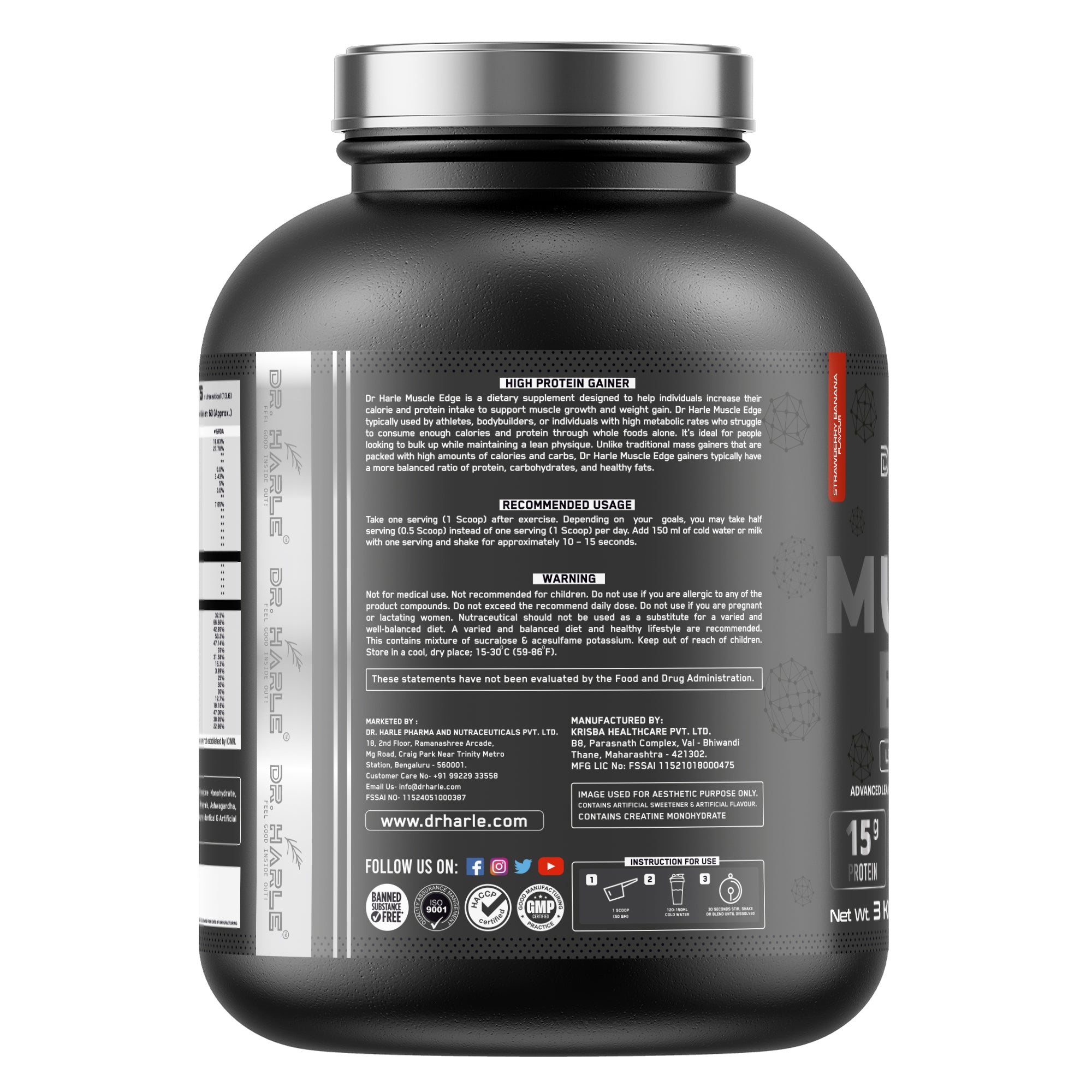 DR. HARLE's Muscle Edge Lean Muscle Mass Gainer 3kg | Weight Gainer for Men & Women | 15g Protein/Serving, Ashwagandha 500mg, Creatine 3g, Tribulus 500mg and 17 Vitamins & Minerals | 60 Servings 3kg Banana Strawberry Flavour
