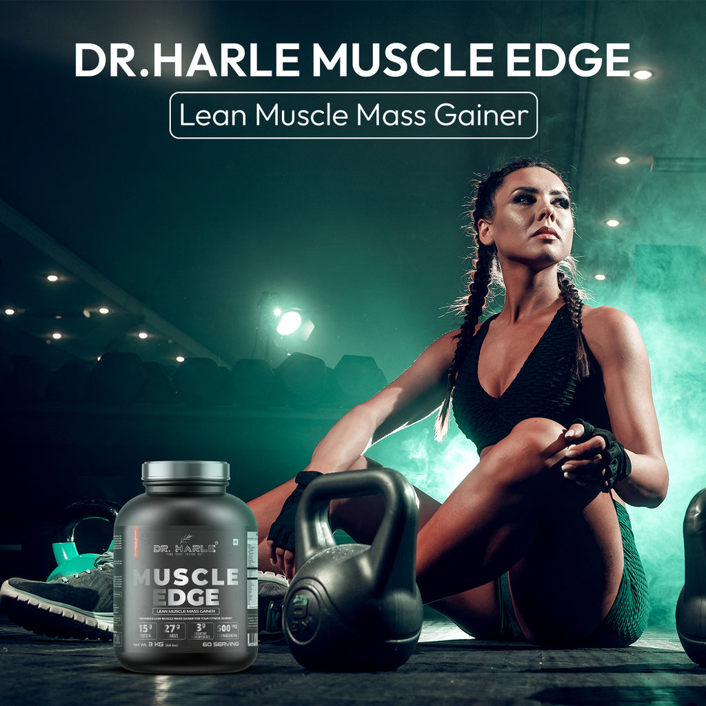 DR. HARLE's Muscle Edge Lean Muscle Mass Gainer 3kg | Weight Gainer for Men & Women | 15g Protein/Serving, Ashwagandha 500mg, Creatine 3g, Tribulus 500mg and 17 Vitamins & Minerals | 60 Servings 3kg Banana Strawberry Flavour