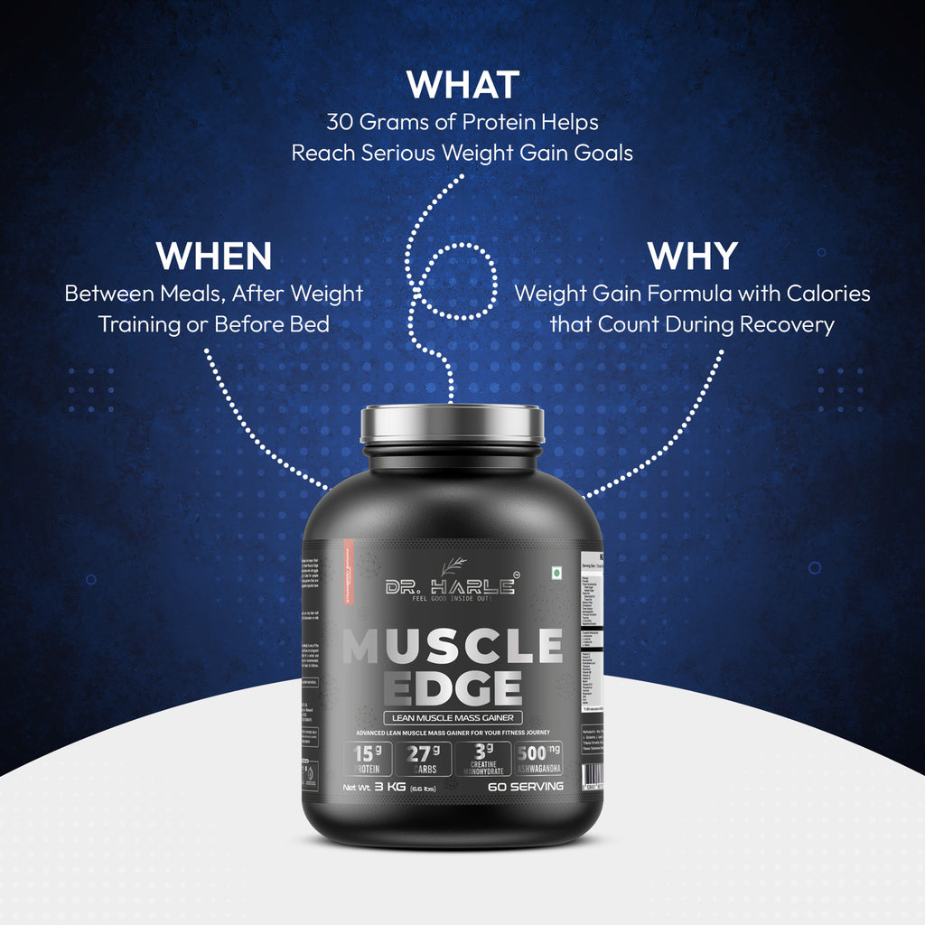 DR. HARLE's Muscle Edge Lean Muscle Mass Gainer 3kg | Weight Gainer for Men & Women | 15g Protein/Serving, Ashwagandha 500mg, Creatine 3g, Tribulus 500mg and 17 Vitamins & Minerals | 60 Servings 3kg Banana Strawberry Flavour