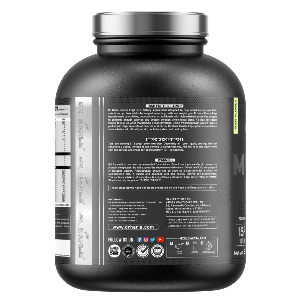 DR. HARLE's Muscle Edge Lean Mass Gainer 3kg | Weight Gainer for Men & Women | 15g Protein per Serving, Ashwagandha 500mg, Creatine 3g, Tribulus 500mg and 17 Vitamins & Minerals | 3kg Kulfi Flavour