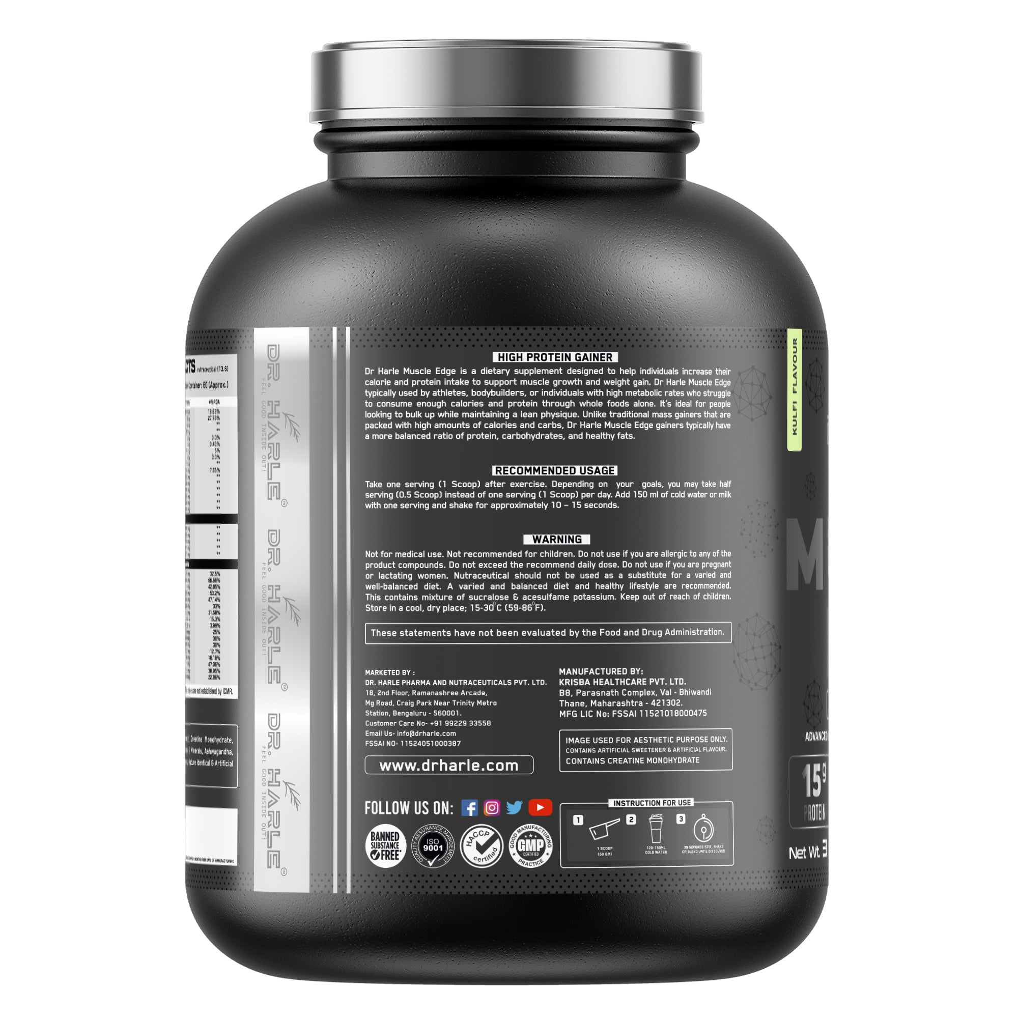 DR. HARLE's Muscle Edge Lean Mass Gainer 3kg | Weight Gainer for Men & Women | 15g Protein per Serving, Ashwagandha 500mg, Creatine 3g, Tribulus 500mg and 17 Vitamins & Minerals | 3kg Kulfi Flavour