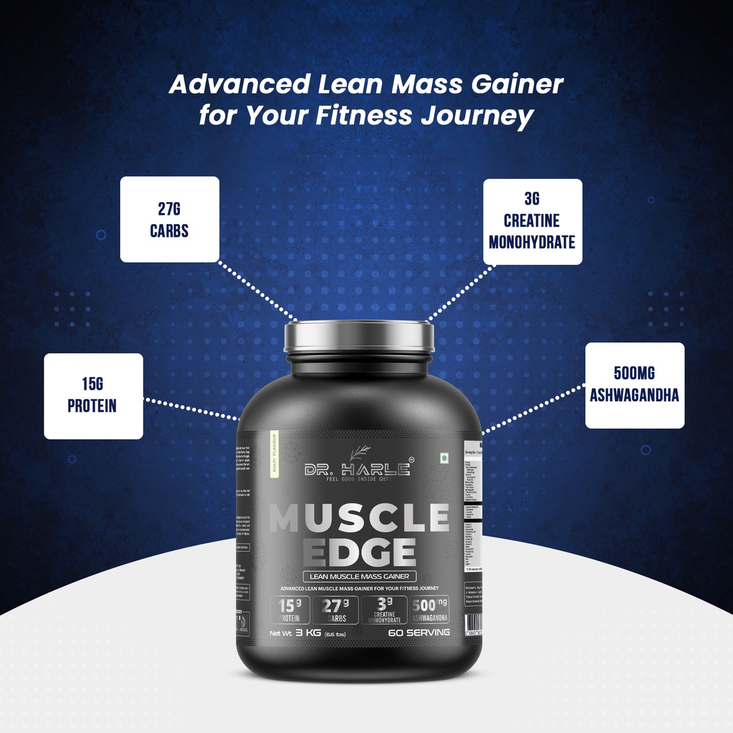 DR. HARLE's Muscle Edge Lean Mass Gainer 3kg | Weight Gainer for Men & Women | 15g Protein per Serving, Ashwagandha 500mg, Creatine 3g, Tribulus 500mg and 17 Vitamins & Minerals | 3kg Kulfi Flavour