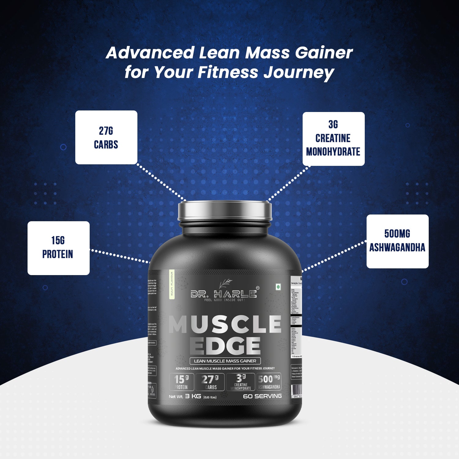 DR. HARLE's Muscle Edge Lean Mass Gainer 3kg | Weight Gainer for Men & Women | 15g Protein per Serving, Ashwagandha 500mg, Creatine 3g, Tribulus 500mg and 17 Vitamins & Minerals | 3kg Kulfi Flavour